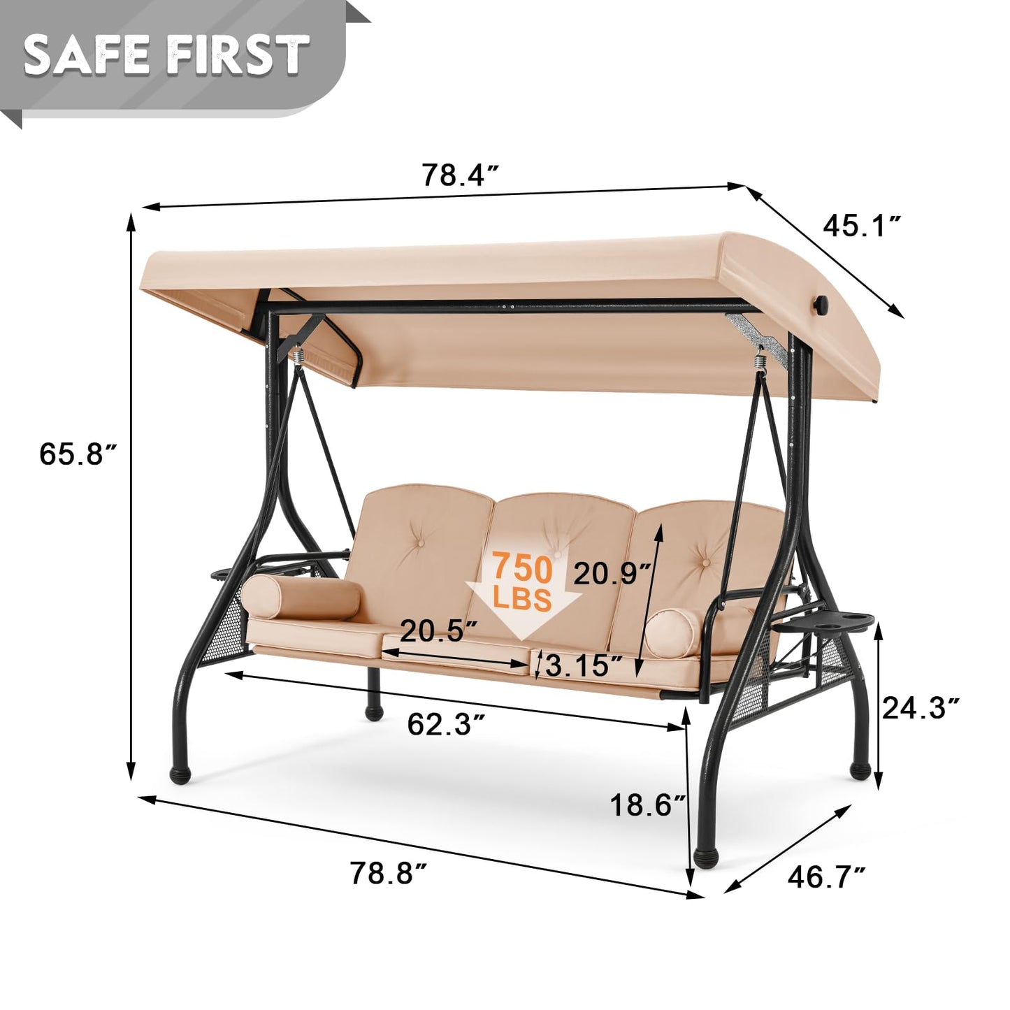HOMREST 3 Seat Outdoor Porch Swing with Adjustable Canopy, Convertible Patio Swing Bed with Stand, Patio Glider Swing with Upgraded Cup Holder, Thicken Cushions ＆ Pillow for Backyard(Khaki)