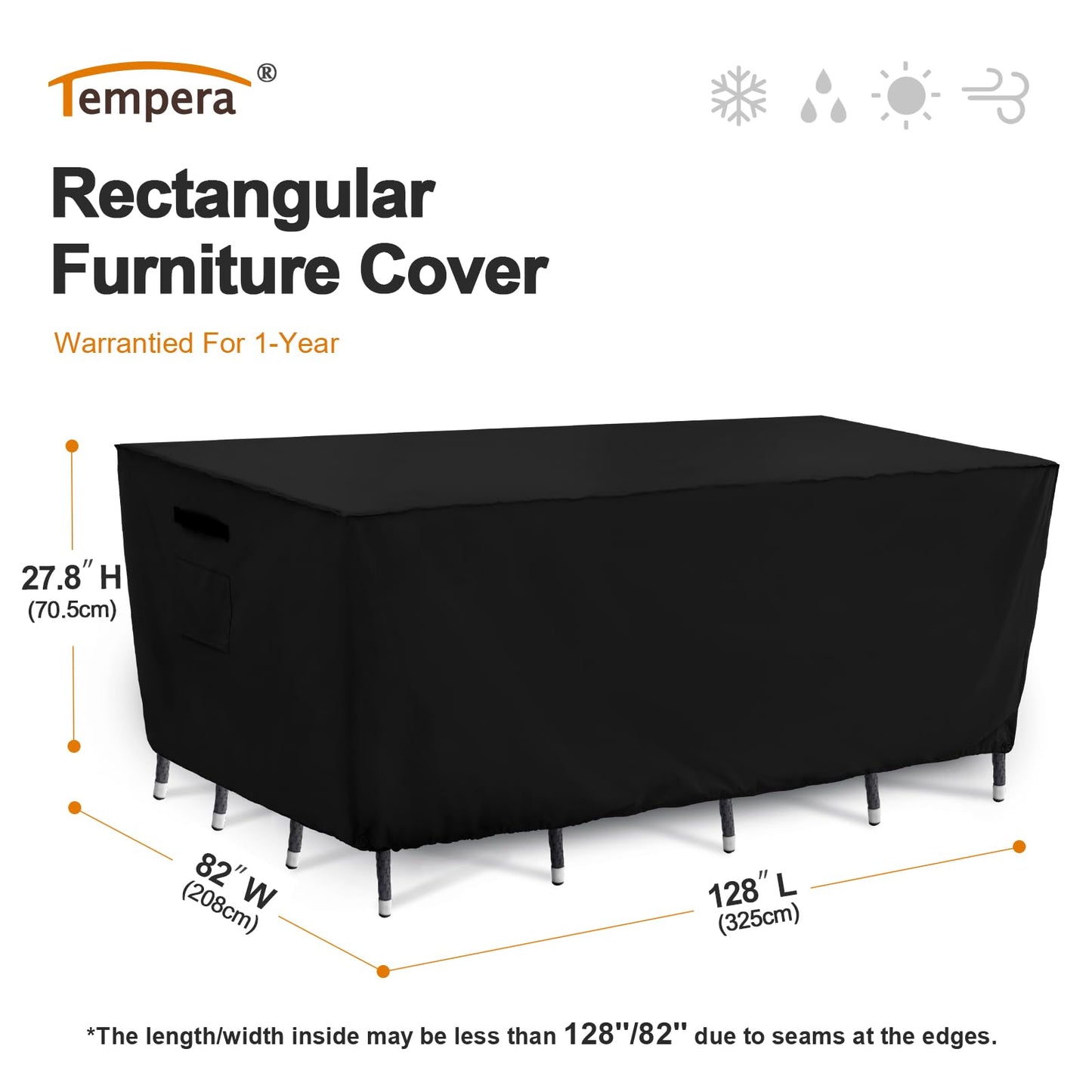 Tempera Patio Furniture Cover,Outdoor Table And Chair Covers Waterproof, Outdoor Dining Set Cover,Heavy Duty Rectangle Patio Furniture Covers,128''L x 82''W x 27.8''H,Black