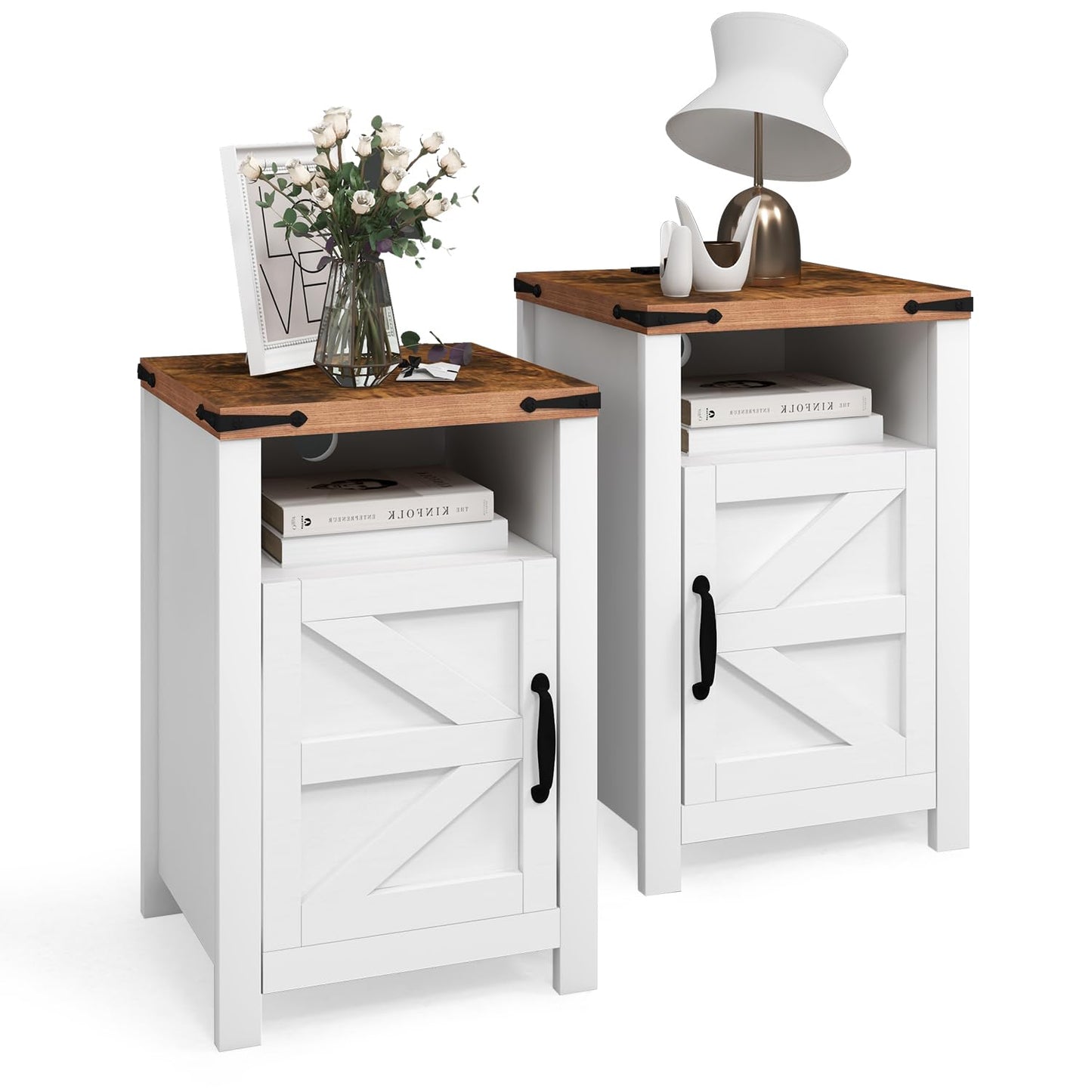 oneinmil End Table with Charging Station, Farmhouse Nightstand with Barn Door, Sofa Side Table with Storage Space 2-Piece Set, Suitable for Livingroom and Bedroom,White