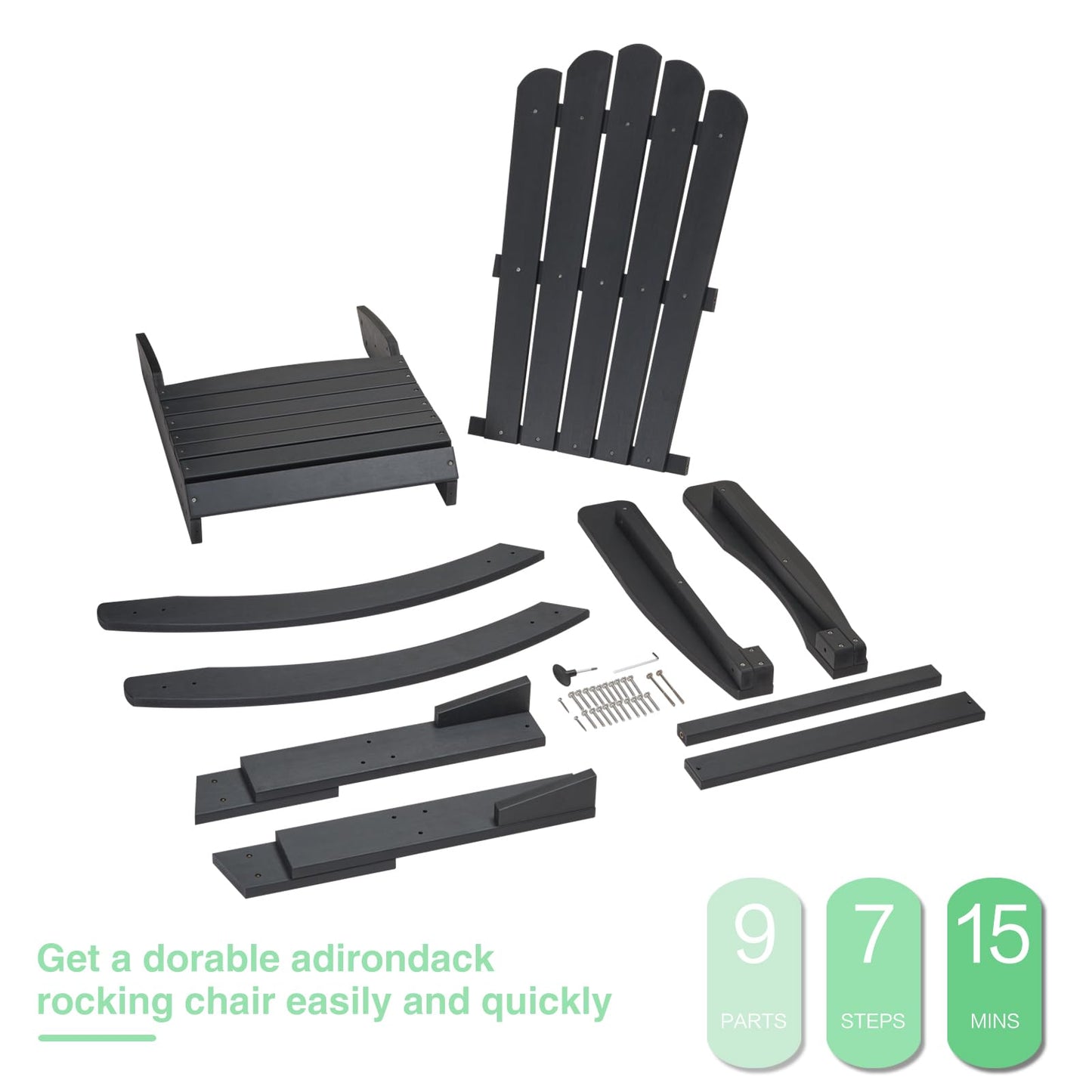 Psilvam Outdoor Adirondack Rocking Chair, Poly Lumber Porch Rocker with High Back, Patio Rocking Chair for Both Outdoor and Indoor (Black)