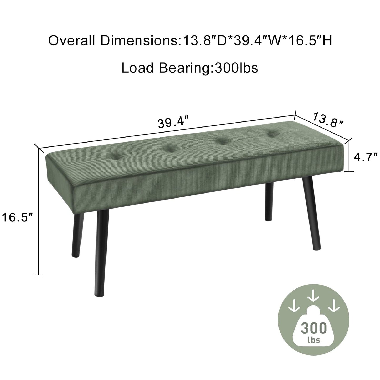 Comfy to go Entryway Bench - Green Bench for Bedroom, Modern Ottoman End of Bed, Corduroy Padded Benches for Living Room, Foyer, Mudroom, Hallway - 39" L x 14" W x 17" H