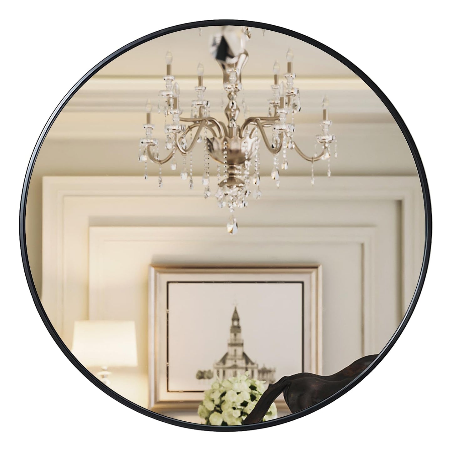 Growsun 30 inch Wall Round Mirror, Large Wall Mounted Circle Mirror Black Metal Frame for Bathroom, Entry, Dining Room, & Living Room