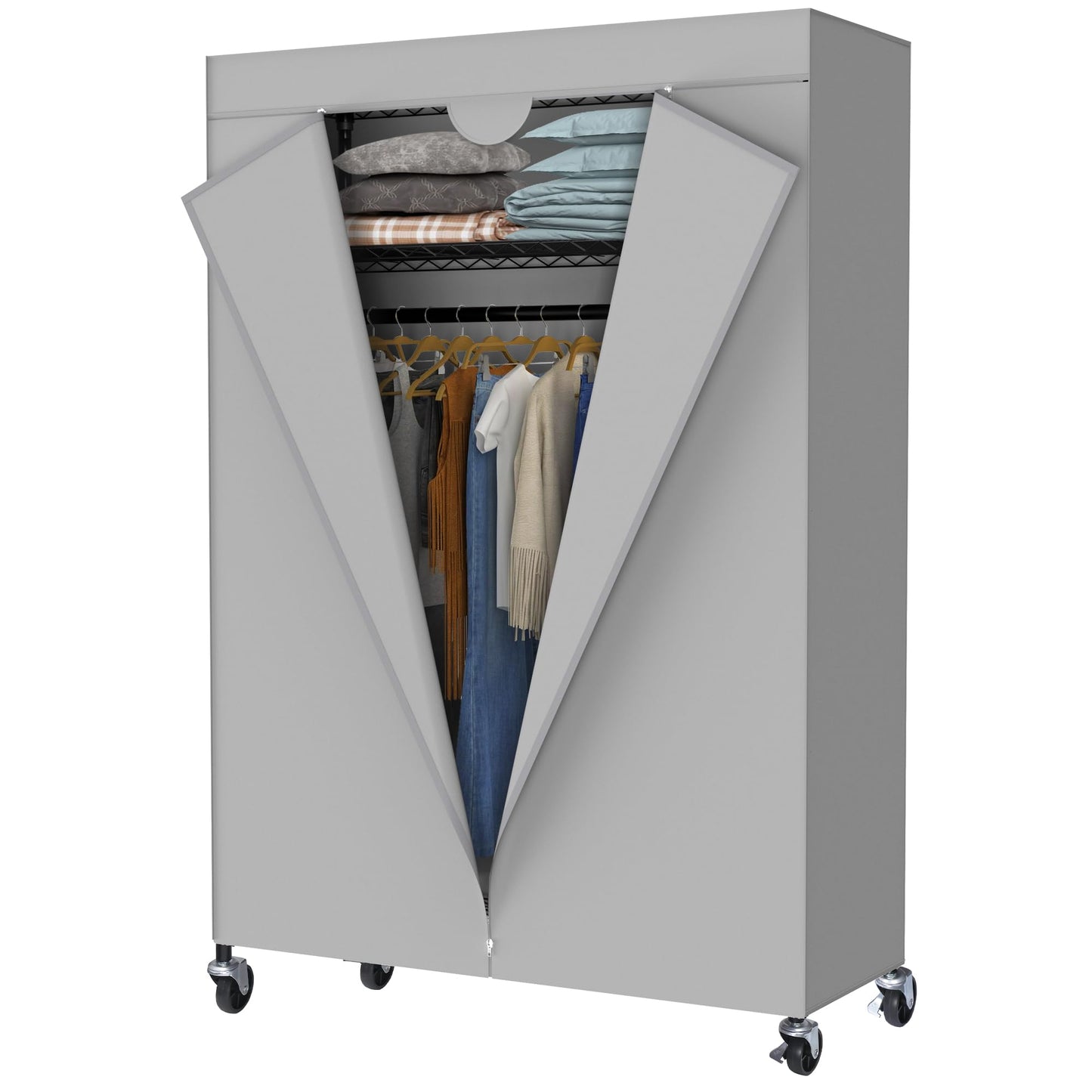 JS HOME Heavy Duty Garment Rack, Free-Standing Rolling Clothes Rack with Fitted Grey Oxford Cover, Extra Large Wardrobe Storage Rack/Organizer