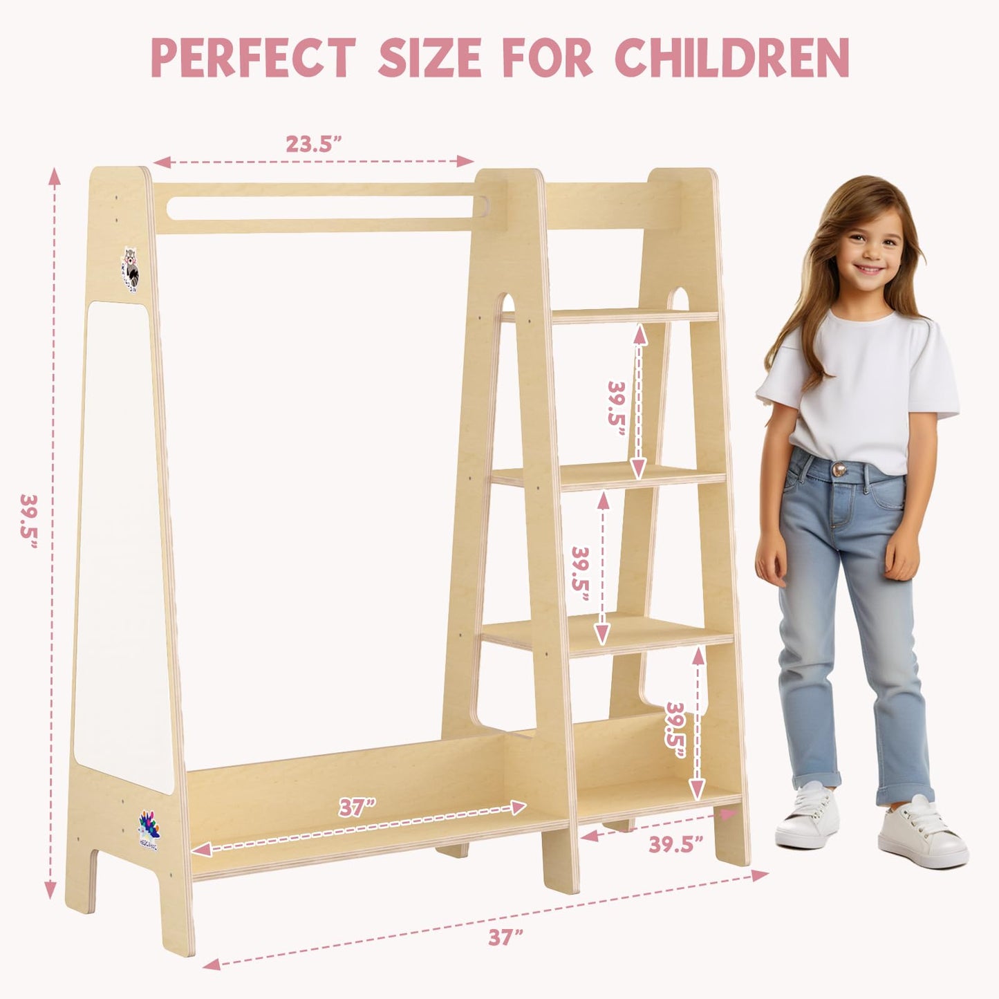 Kids Dress Up Storage with Mirror, Kids Closet with 5 Hanger and Stickers, Opening Hanging Costume Closet Wardrobe for Boys and Girls
