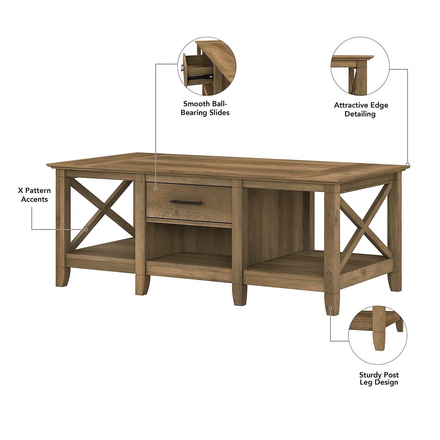 Bush Furniture Key West Coffee Table with Set of 2 End Tables in Reclaimed Pine