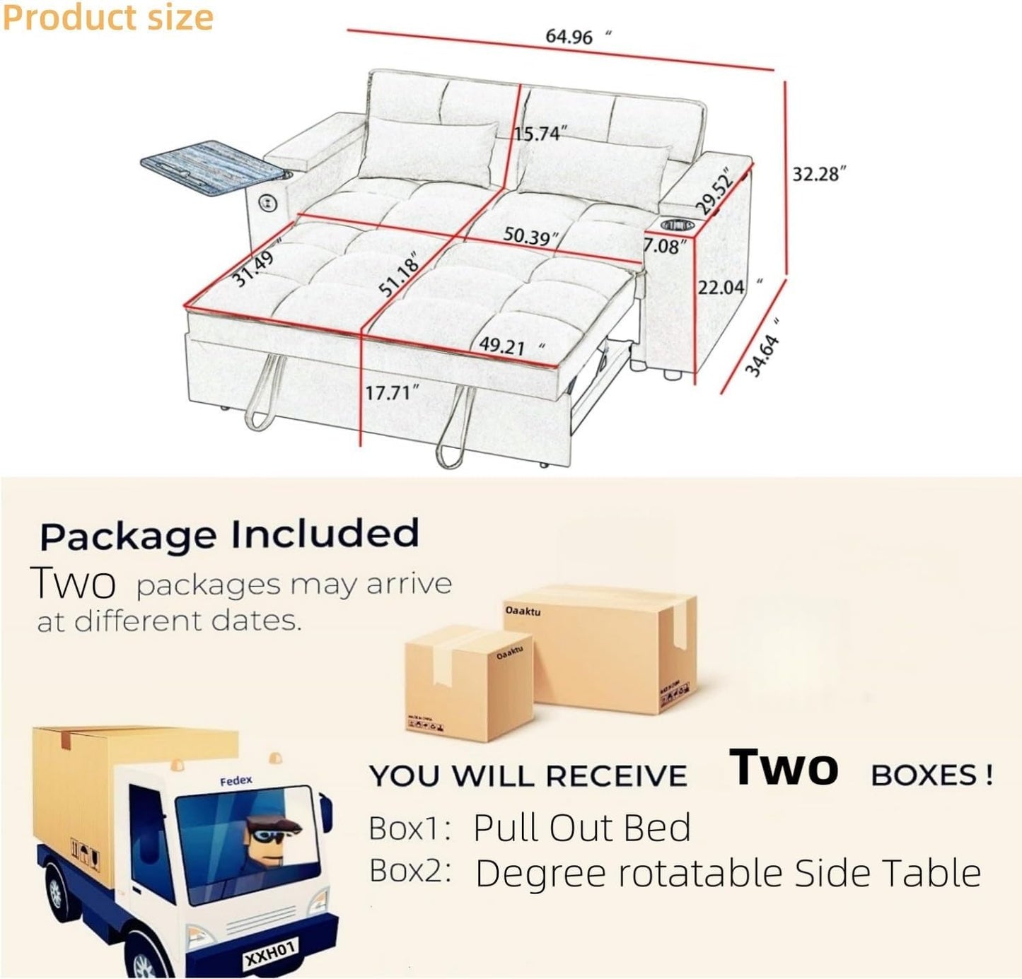 oaaktu ﻿ Large Size Convertible Sleeper Sofa Bed,Polka dot Velvet Pull Out Futon Couch with Storage handrails & Rotating Side Tables,Convertible Sofa Couch for Living Room,RV (Dark Grey)
