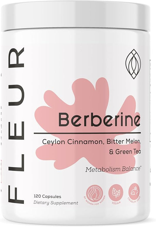 FLEUR Berberine HCL with Organic Cinnamon, Bitter Melon & Green Tea Extract, Supports Heart, Digestive, and Immune System, Vitality Support for Men and Women, Non-GMO & Vegan, 120 Capsules