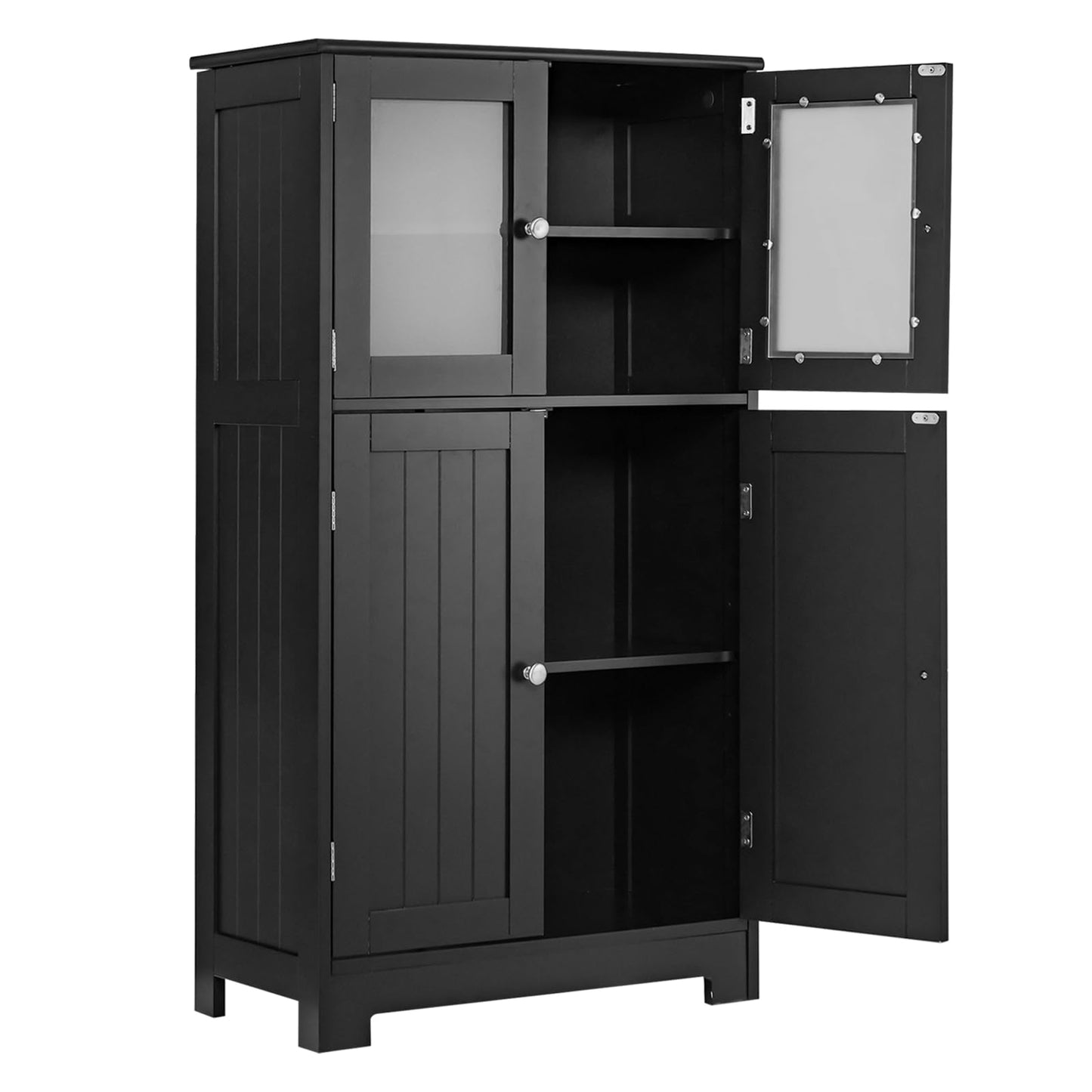POWERSTONE Bathroom Storage Cabinet, Freestanding Floor Cabinet Organizer with Glass Doors & Adjustable Shelf, Wooden Kitchen Pantry Cupboard for Living Room, Bathroom, Office, Entryway (Black)