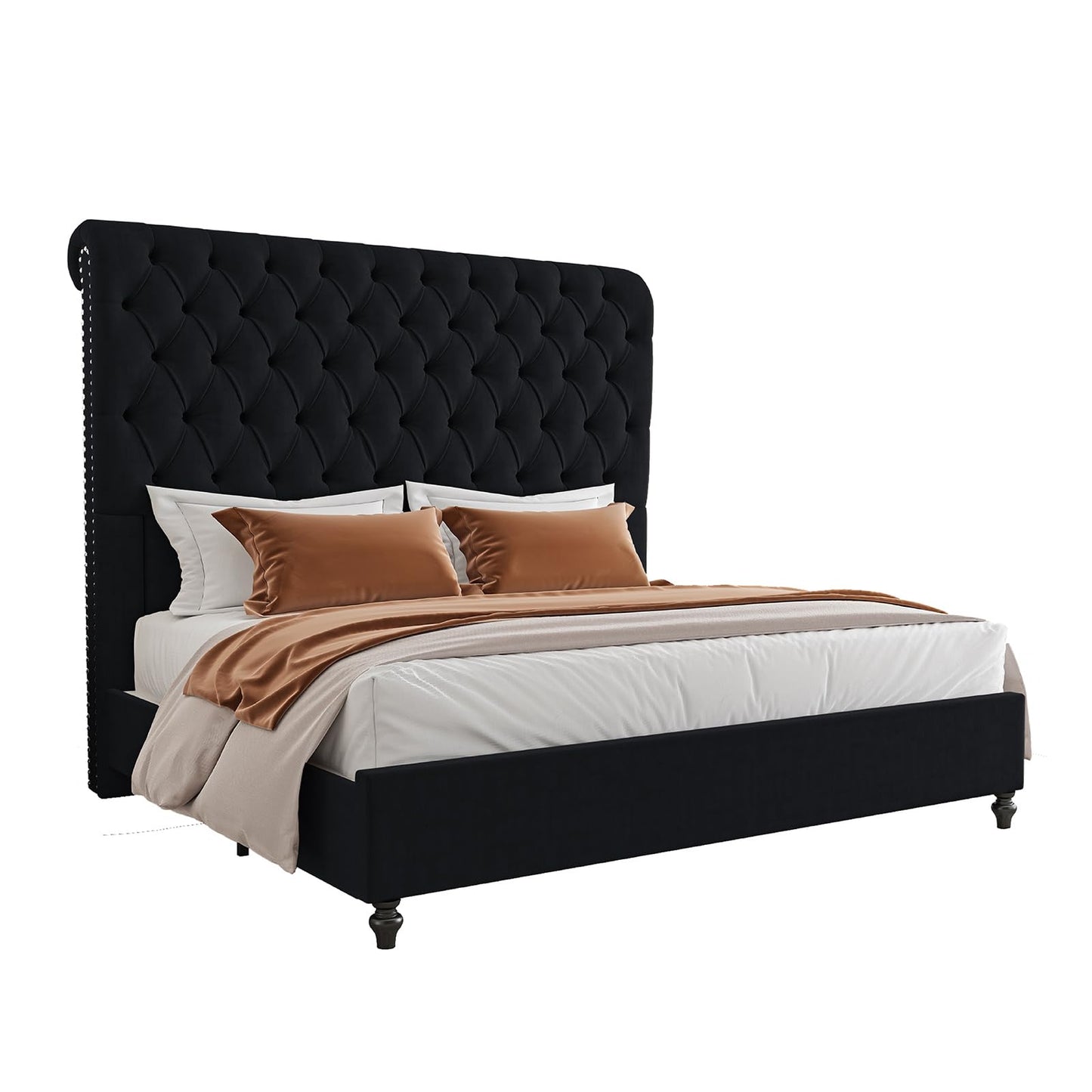 AMERLIFE King Size Bed Frame with 60" Tall Wingback Headboard, Velvet Upholstered Platform, Button Tufted Sleigh Design, No Box Spring Needed,Black