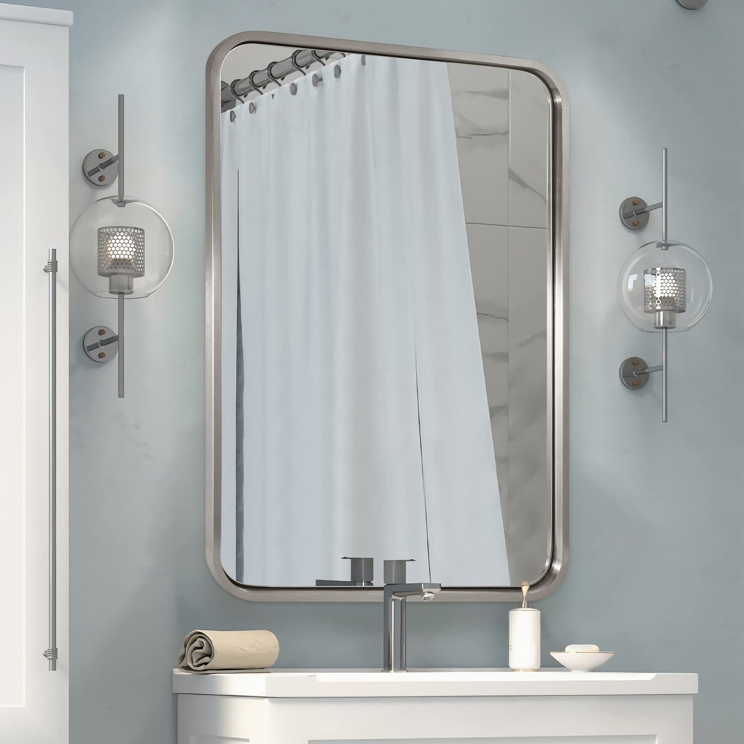 ANDY STAR Mirrors for Wall, 20x28’’ Brushed Nickel Bathroom Mirror, Rounded Rectangle Mirrors for Vanity, Anti-Rust SUS304, Tube Metal Frame, 1’’ Deep Wall Mounted Vertically/Horizontal