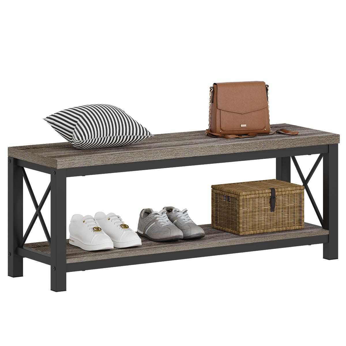 BON AUGURE Shoe Bench, Industrial Shoe Rack Bench for Entryway, Modern Shoes Storage Benches for Front Door, Foyer, Entrance, Mudroom, Bedroom (Dark Gray Oak)