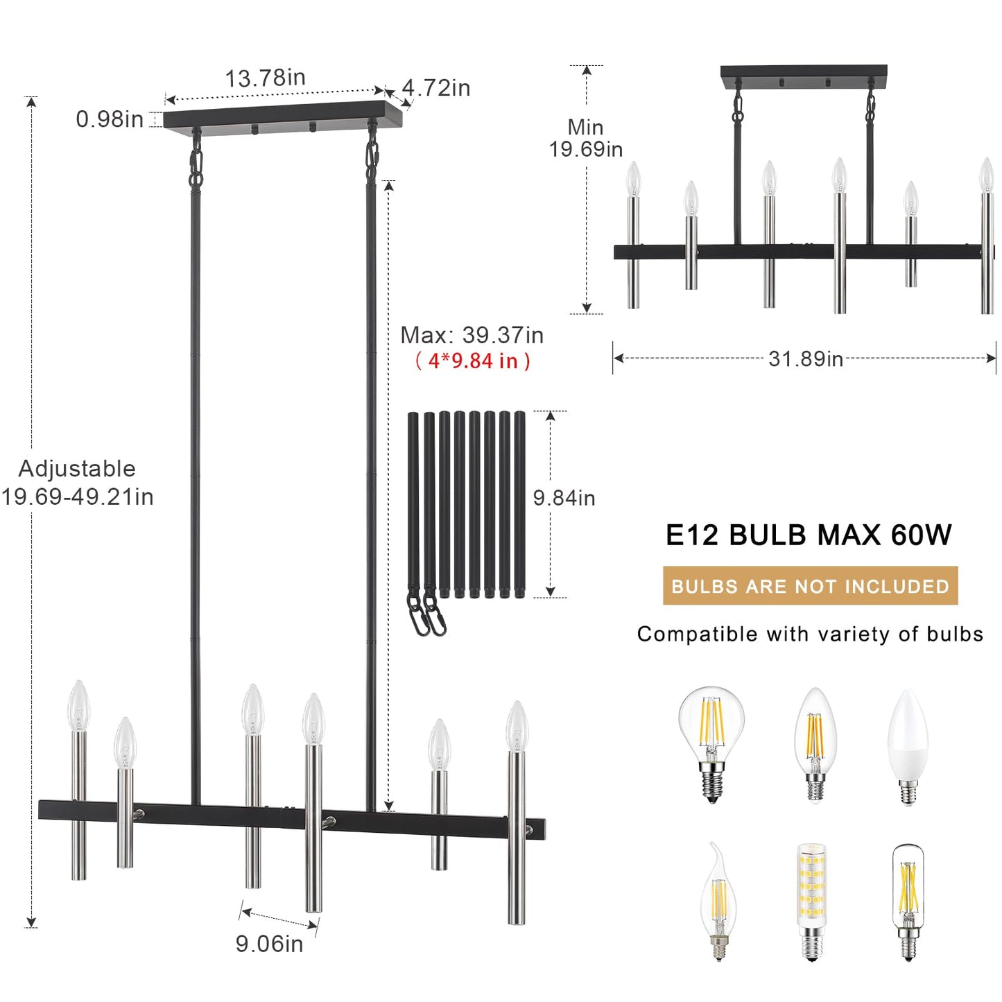 Modern Kitchen Island Pendant Light Fixtures 6-Light Black and Brushed Nickel Linear Chandeliers for Dining Room Chandelier Farmhouse Island Lights for Kitchen Table Living Room Bedroom Entryway