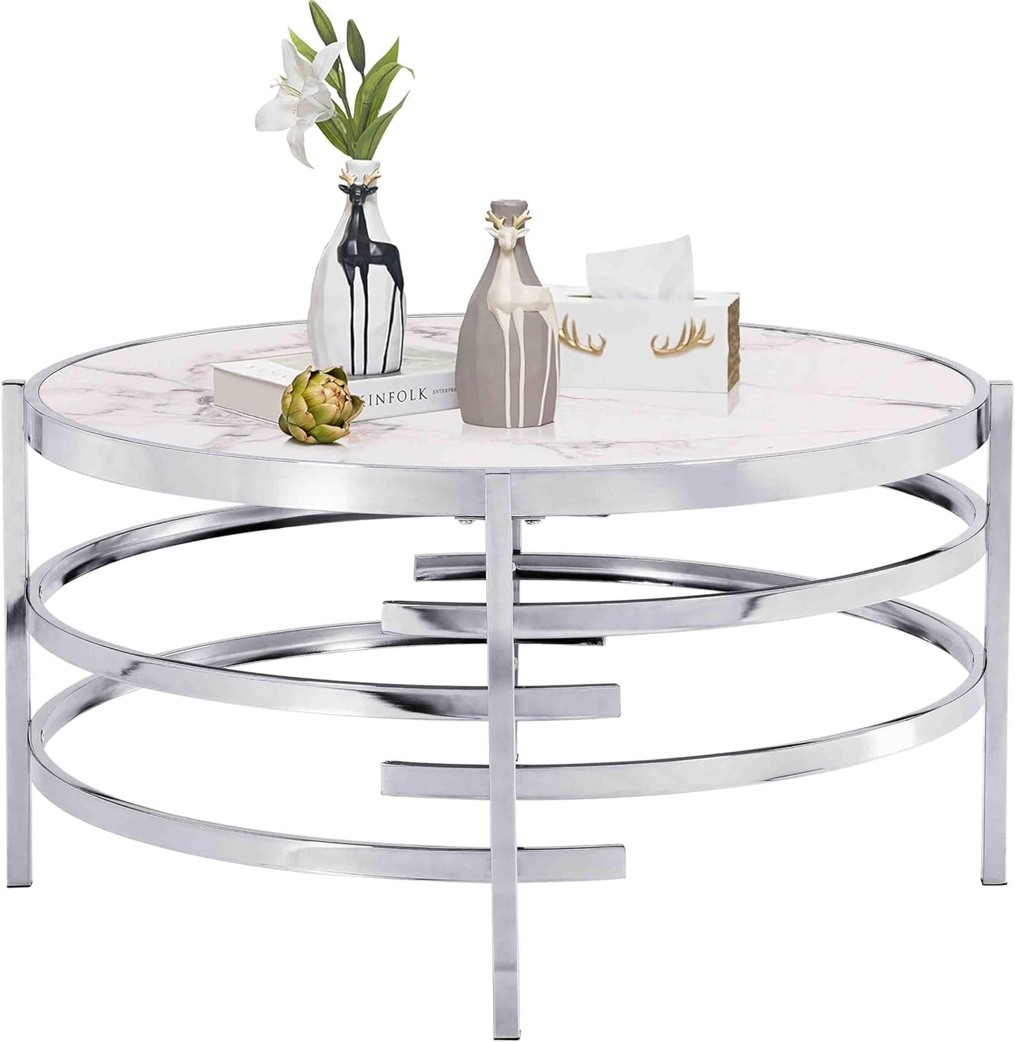KUVADAZ Sintered Stone Coffee Table with Silver Chrome Metal Base, Round Coffee Table Modern Center Tables Circle Living Room Cocktail Tables for Home Office, White