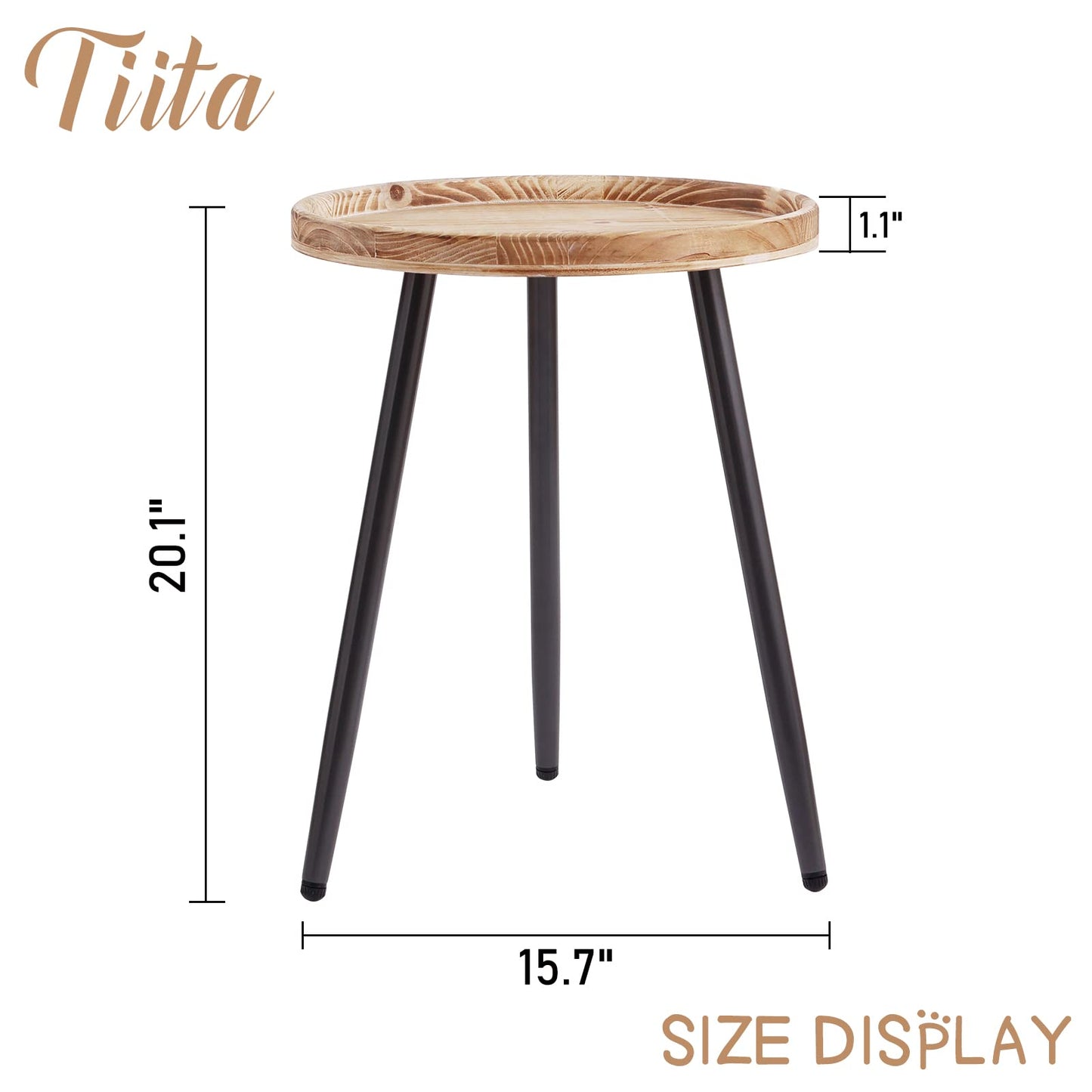 Tiita Round End Table Mental Side Table Nightstand/Small Wood Tables Accent Coffee Table with Wooden Tray for Living Room Bedroom Office Small Space