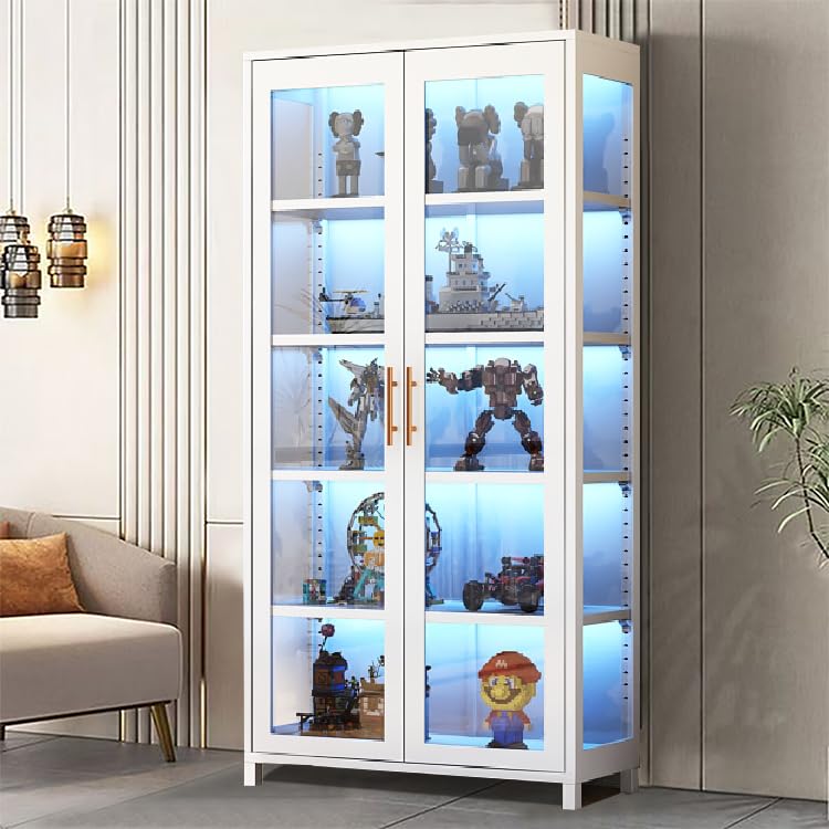 qeknxks Display Cabinet with Glass Doors, 5-Tier Metal Curio Cabinet, Glass Display Cases for Figurine, Toy Organizers Rack & Display Shelf, Kids Bookcase for Home Office, Playroom, Living Room