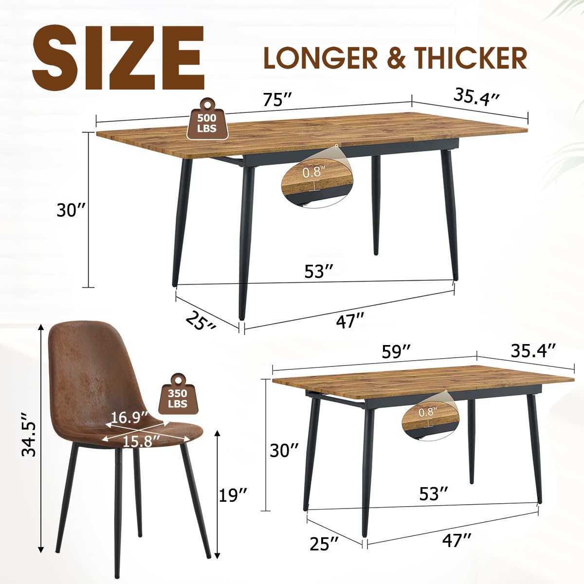 Rejeke 59"-75" Extendable Dining Table Set for 6,Wood Dining Room Table Set for 6,Mid Century Rectangular Kitchen Table with 6 Upholstered Chairs for Home (Easy Assembly,Space-Saving)