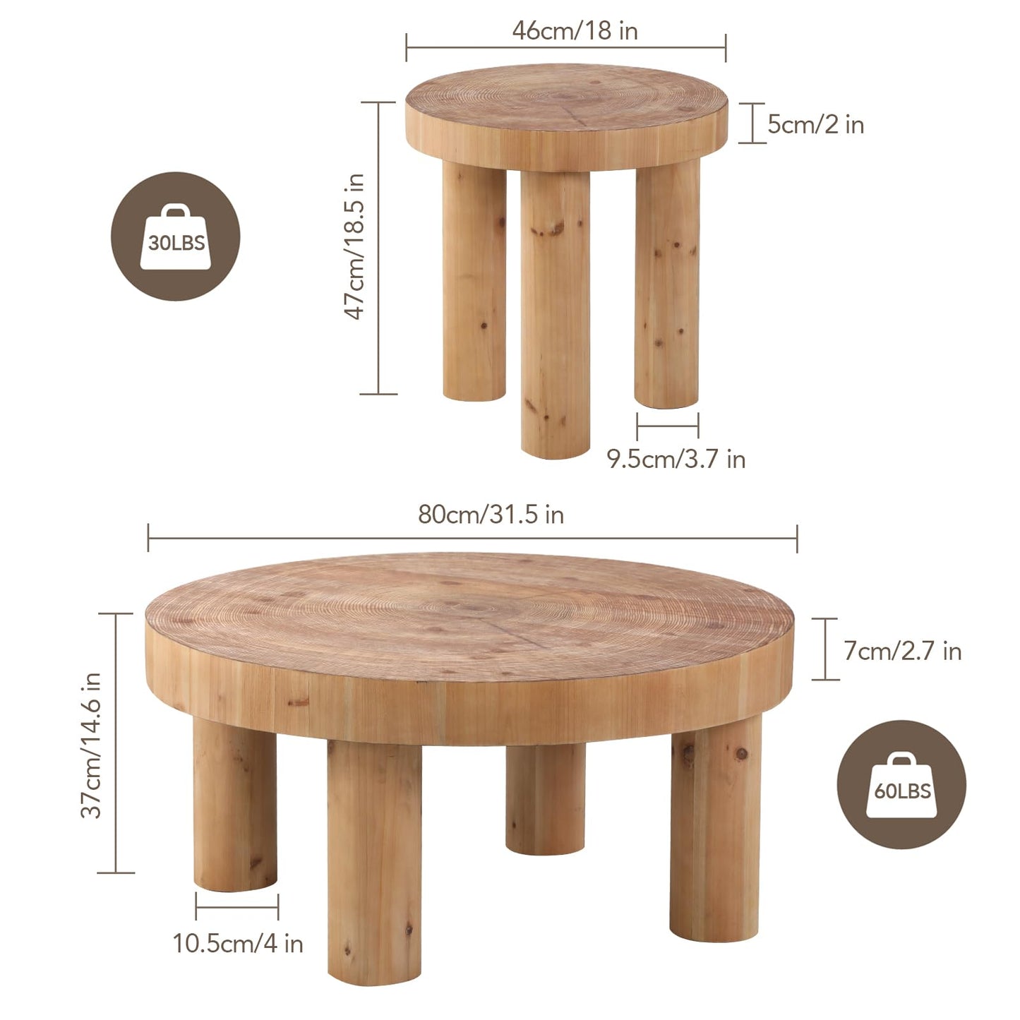 RUSTOWN 2-Piece Round Farmhouse Coffee Table, Rustic Coffee Table Sets, Circle Wooden Ring Finish with Solid Wood Legs, Center Tables Set for Living Room (Natural)