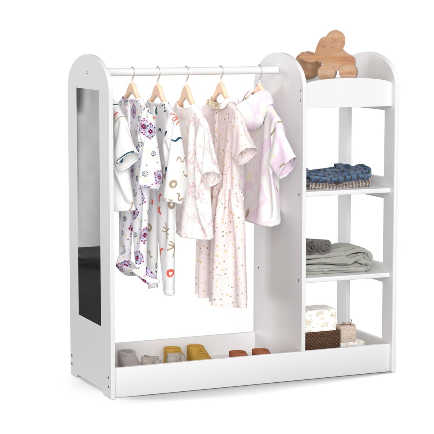 Glaf Kids Dress up Storage with Full Length Mirror, Kid Wardrobe Closet with 3-Tier Shelve, Clothes Rack and Bottom Tray, Opening Hanging Kids Armoire Baby Closet for Nursery & Kids Room (White)