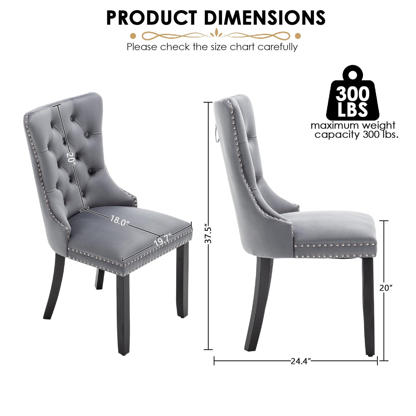 Kiztir Velvet Dining Chairs Set of 4, Upholstered Dining Chairs with Ring Pull Trim and Button Back, Luxury Tufted Dining Chair for Living Room, Bedroom, Kitchen (Gray)