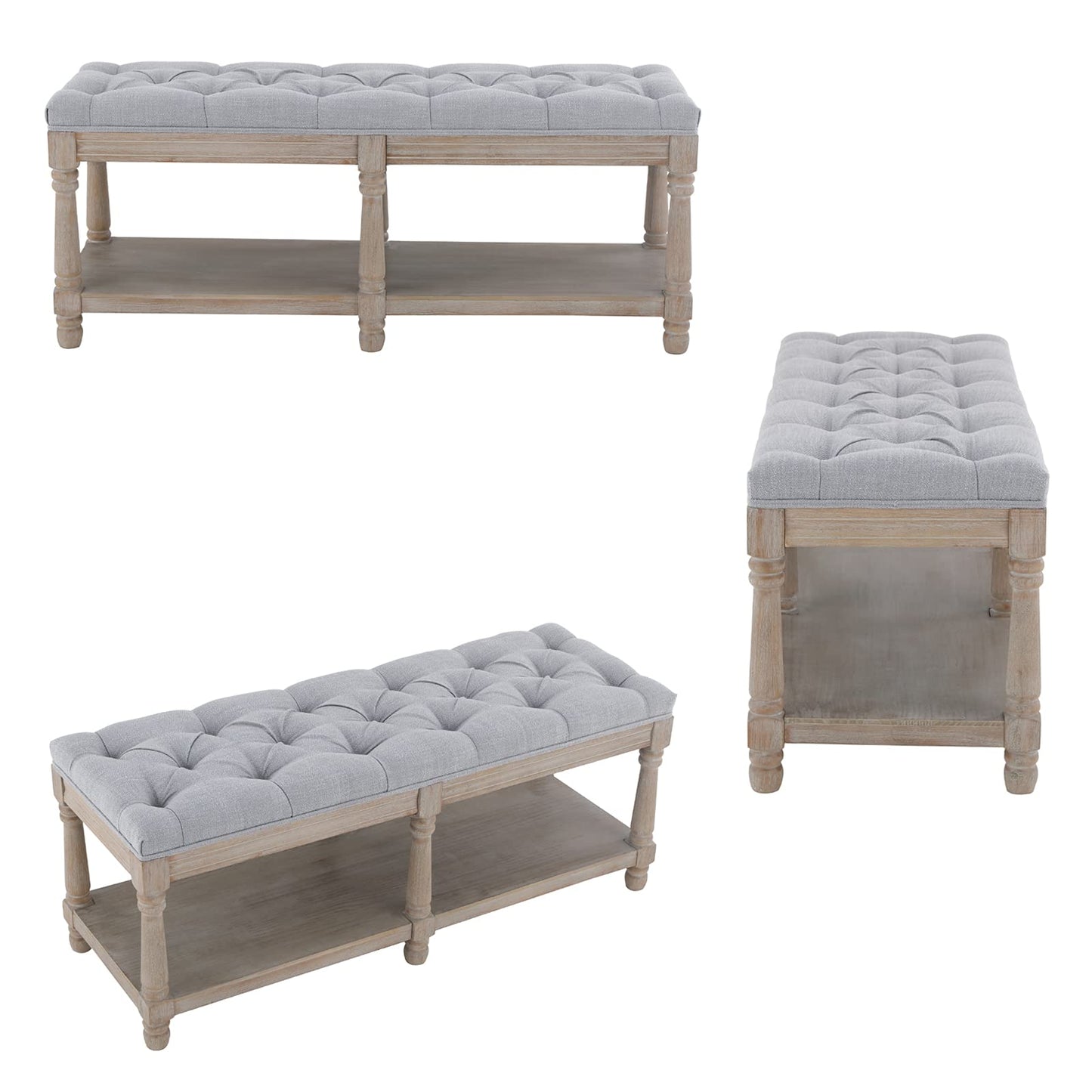 Mid Century Tufted Storage Bench with Shelf, Linen Upholstered Farmhouse Entryway Shoe Bench Ottoman Bed End Stool with Padded Seat, Rustic Bench for Bedroom Living Room Dining Room, Grey
