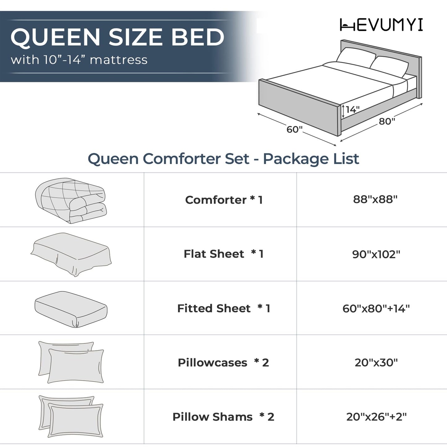 HEVUMYI 7 Pieces Queen Comforter Set, All Season Reversible Bed in a Bag Queen, Ultra Soft Queen Bedding Set with Grey Comforter, Flat Sheet, Fitted Sheet, Pillowcases, Pillow Shams, Dark Grey