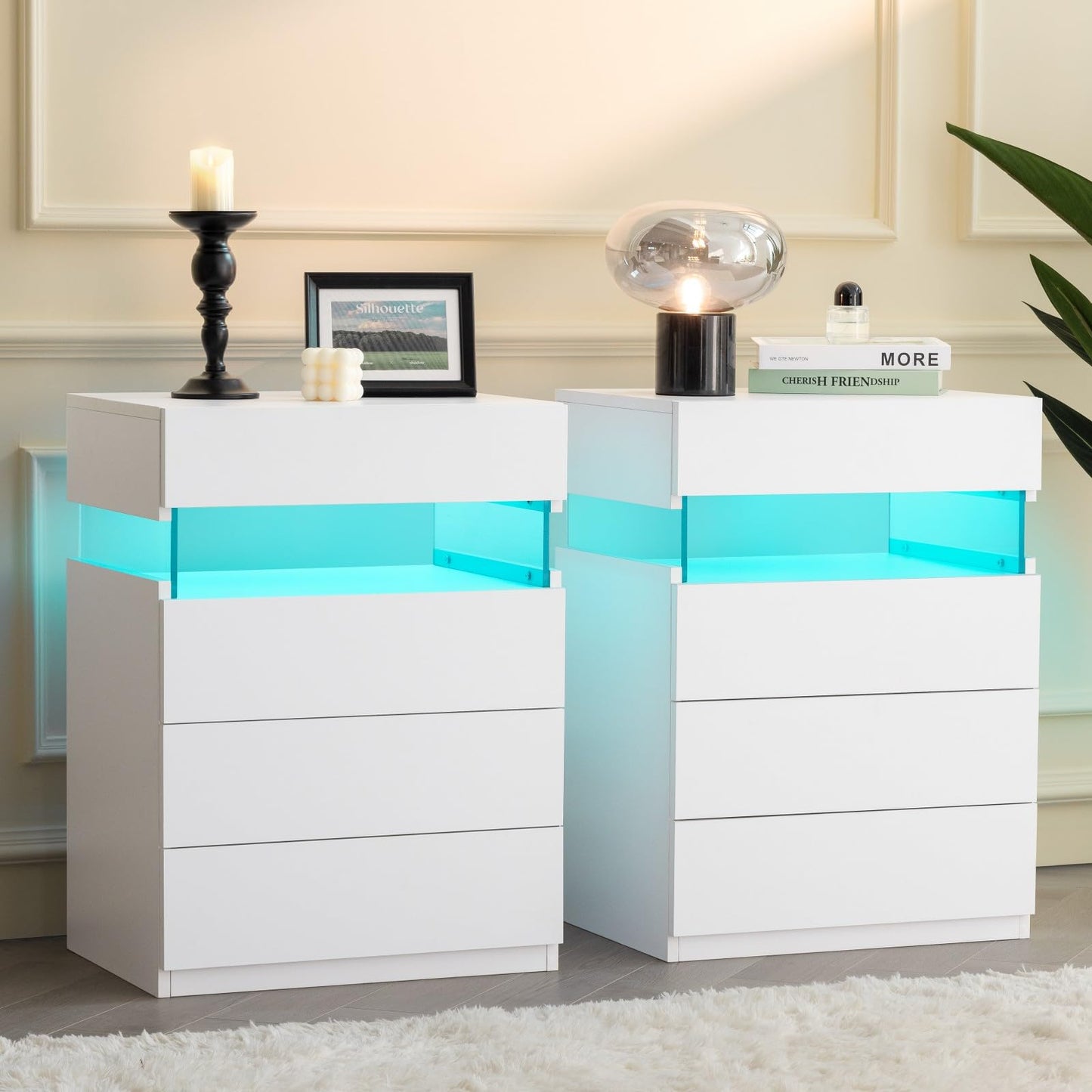 Bingoday White Nightstand Set of 2 LED Nightstands Set of 2 Night Stand Set 2 with 4 Drawers Modern Bedside Tables for Bedroom, Living Room (White)