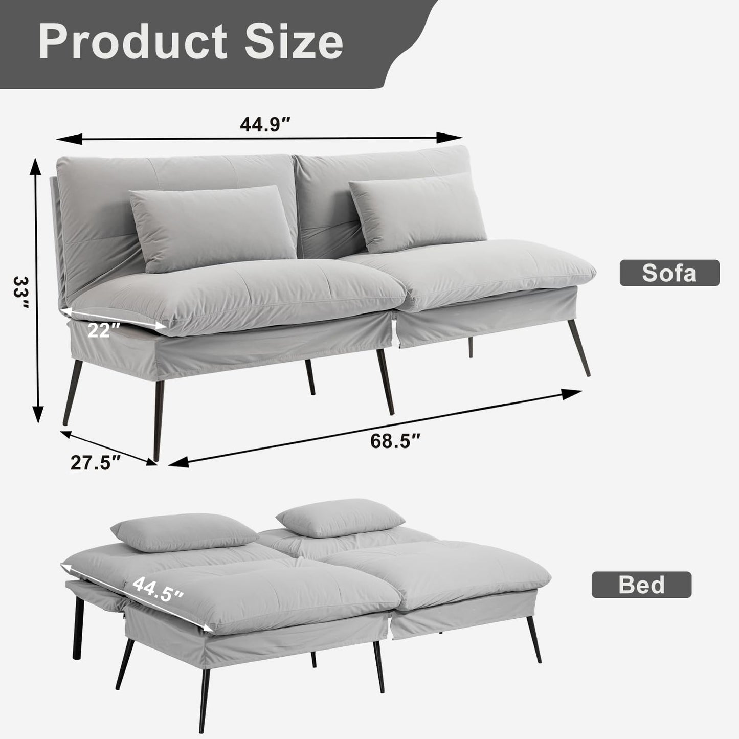 BRTHORY 3 in 1 Convertible Sofa Bed, Multi-Functional Futon Couch with Adjustable Backrest, Fabric Couch Sleeper Guest Bed for Loveseat Recliner Living Room,Light Grey