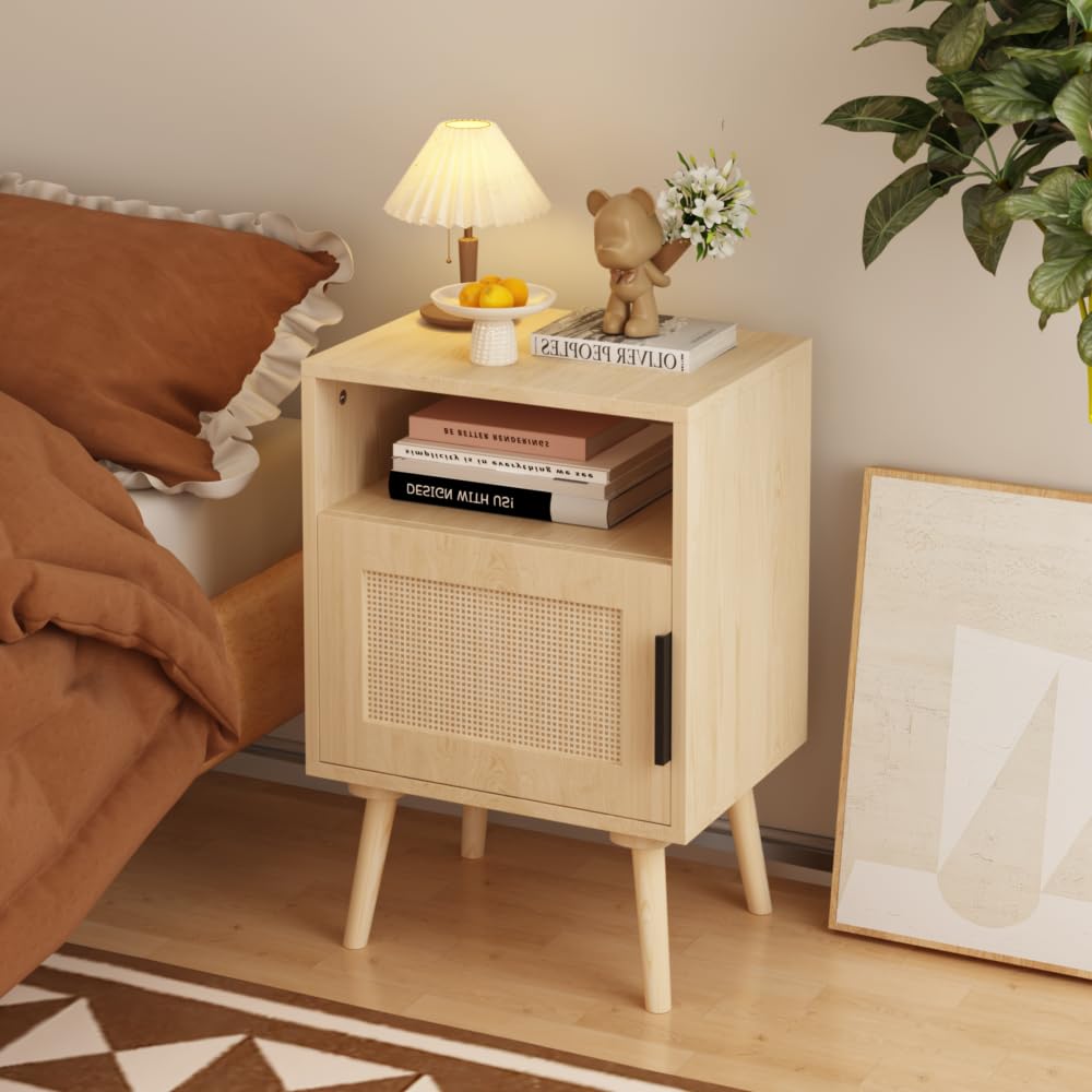 Luxebough Rattan Nightstand, Side Table with Door and Open Shelf for Small Spaces, Accent Boho Night Stand with Solid Wood Legs, Oak Finish Bedside End Table, Premium Handmade Aesthetic, 1 Pack