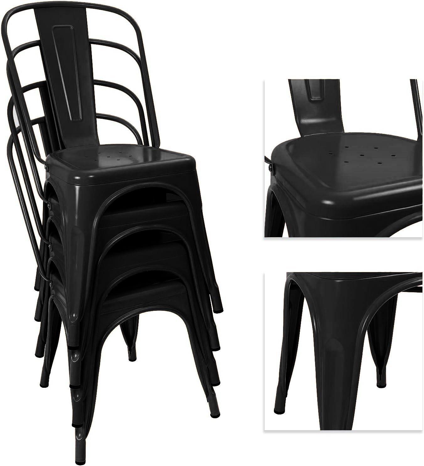 Devoko Metal Indoor-Outdoor Chairs Distressed Style Kitchen Dining Chairs Stackable Side Chairs with Back Set of 4 (Black)