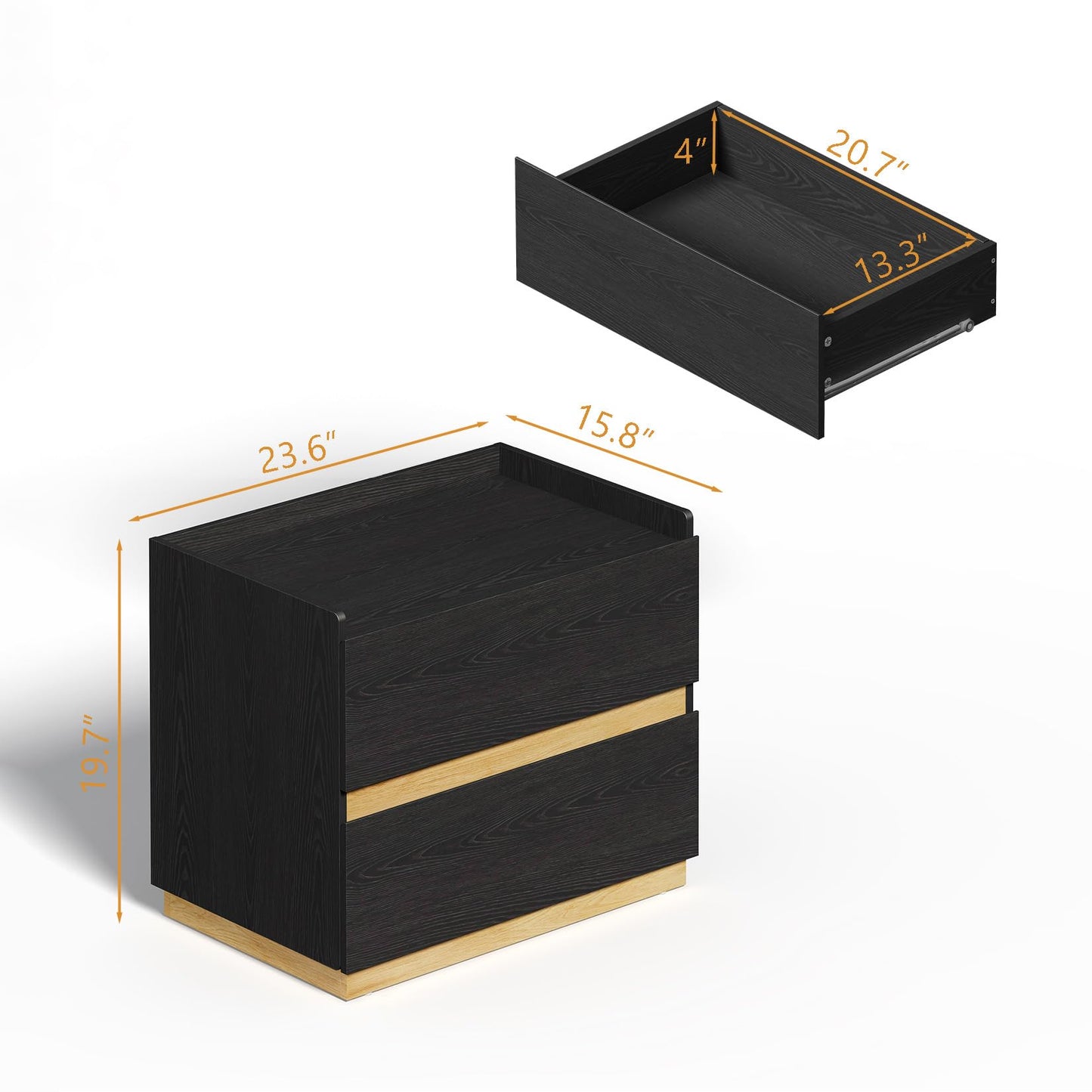 DAELIFKER Large Modern Nightstand Black Bedside Table, 2 Drawer Dresser Wood Stackable Storage Drawers for Clothes for Closet, Bedroom, 24"x16"x20"