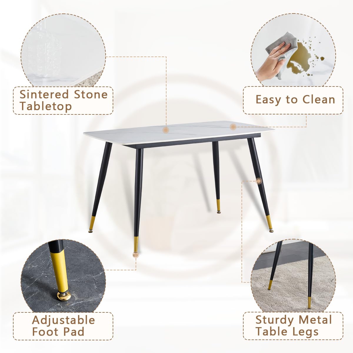 UELKS 5 Piece Dining Table Set,4 Chair Dining Table Set, Sintered Stone Kitchen Table Top and Modern Chairs Set of 4 for Kitchen Dining Room, Small Space