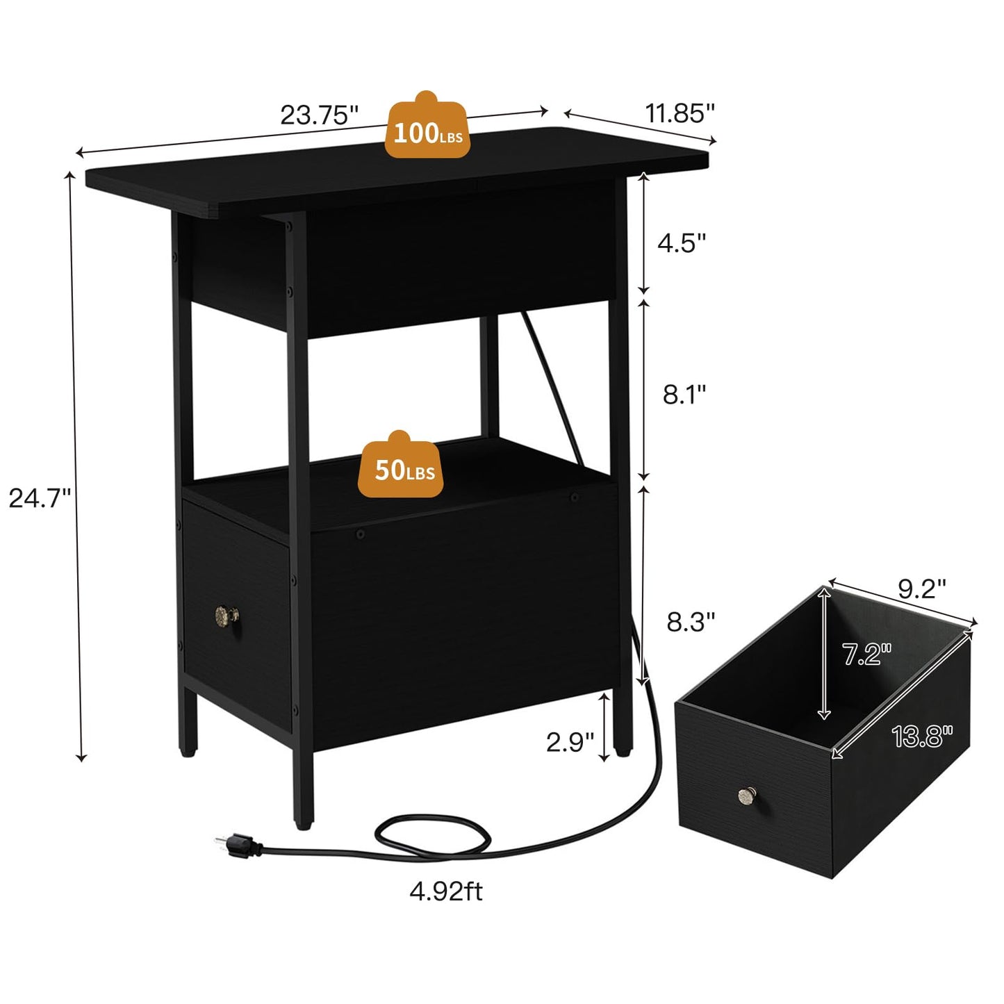 SOOWERY End Table with Charging Station, Narrow Side Table with Flip Top Cabinet and Fabric Drawer, Nightstand Bedside Tables for Small Spaces, Bedroom, Living Room, Black