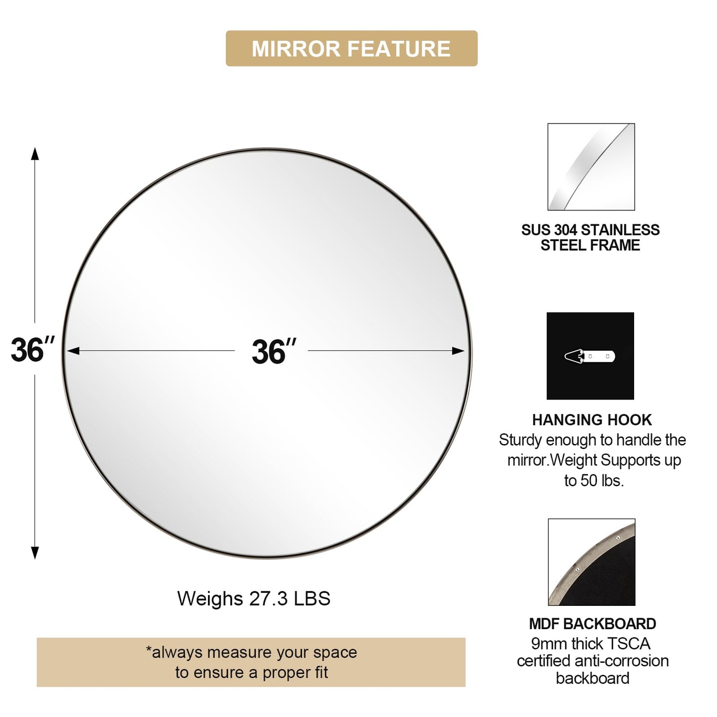 ANDY STAR 36'' Chrome Round Mirror, Polished Silver Round Bathroom Mirror, Big Circle Wall Mirror in Metal Frame, Large Vanity Mirror for Entryway, Living Room, Washrooms