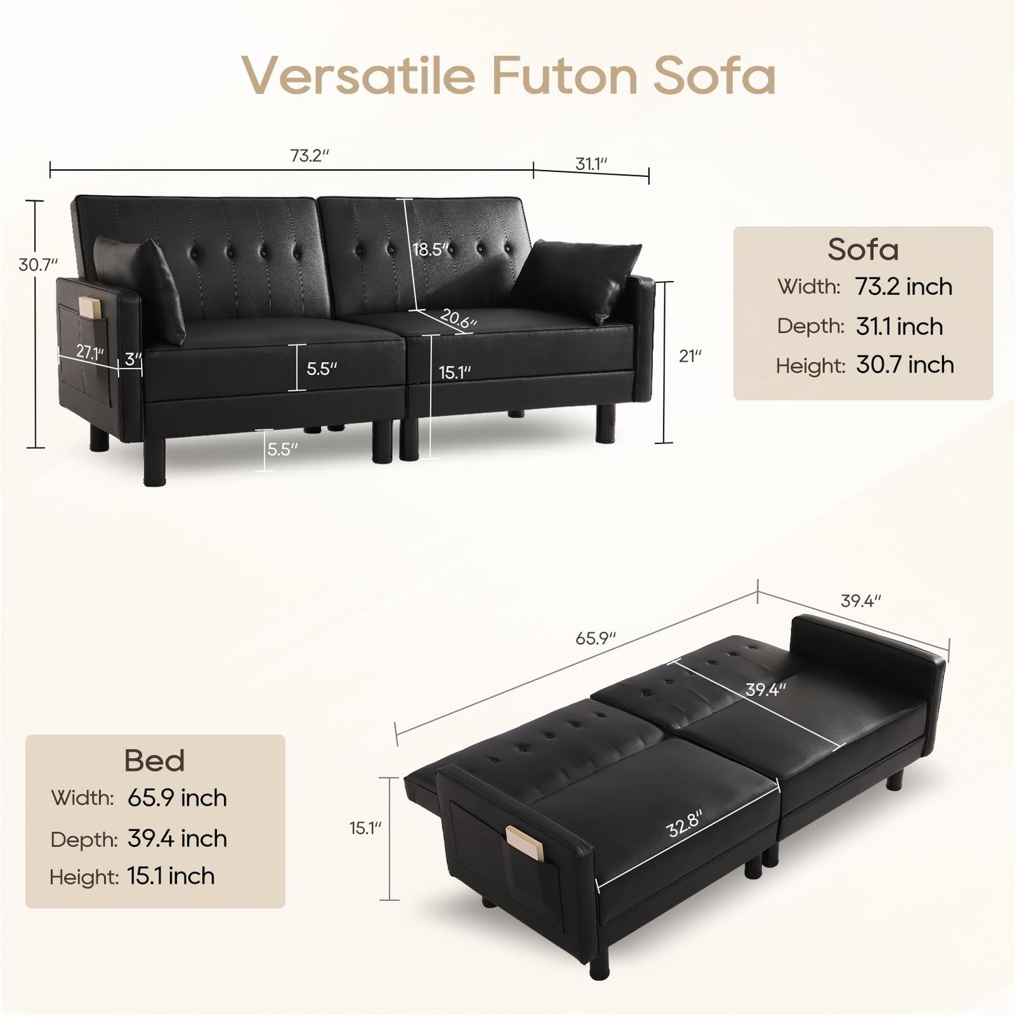 IPKIG Futon Sofa Bed - Faux Leather Convertible Sleeper Sofa with Adjustable Backrest and Side Pockets, Small Loveseat for Rentals, RVs, Bedroom, Guest Rooms (Black, Loveseat)