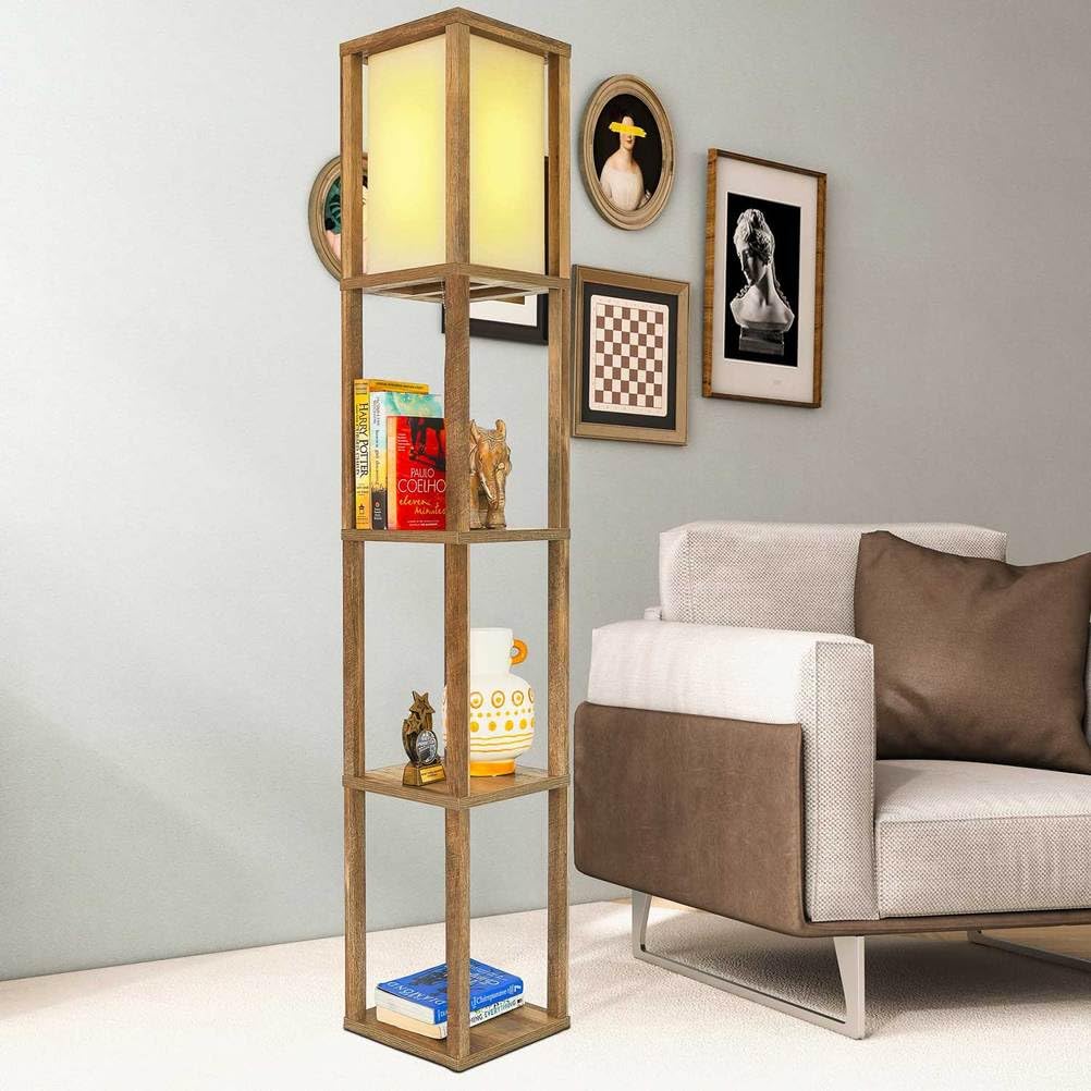 AMZSTAN 62" Floor Lamp with 3 Tier Shelves for Living Room, Wood Floor Lamps with Linen Shade, Corner Display Standing Column Storage Lamp for Farmhouse Bedroom