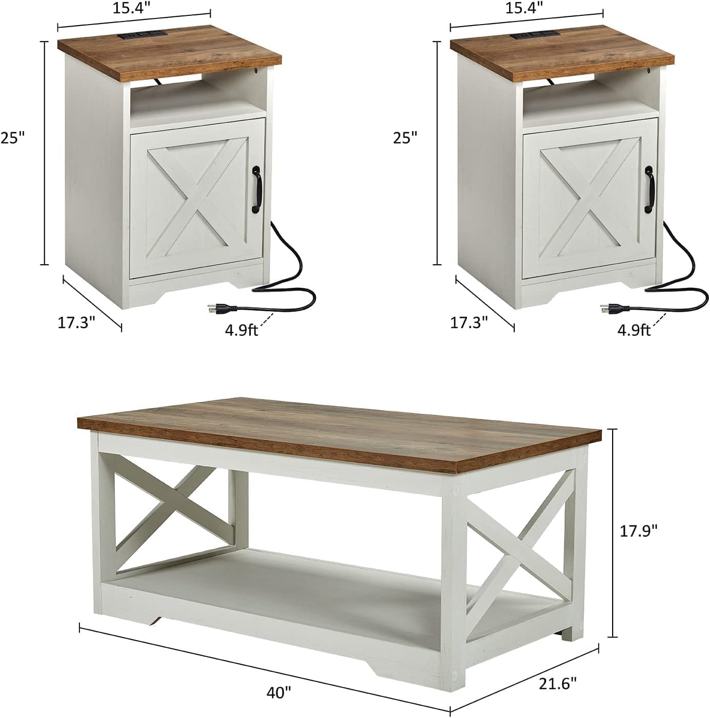 AMERLIFE Farmhouse Living Room Table Set of 4, Include 70" Fireplace TV Stand with 36" Curved Electric Fireplace, Coffee Table & 2 End Tables with Charging Station, White+Barnwood