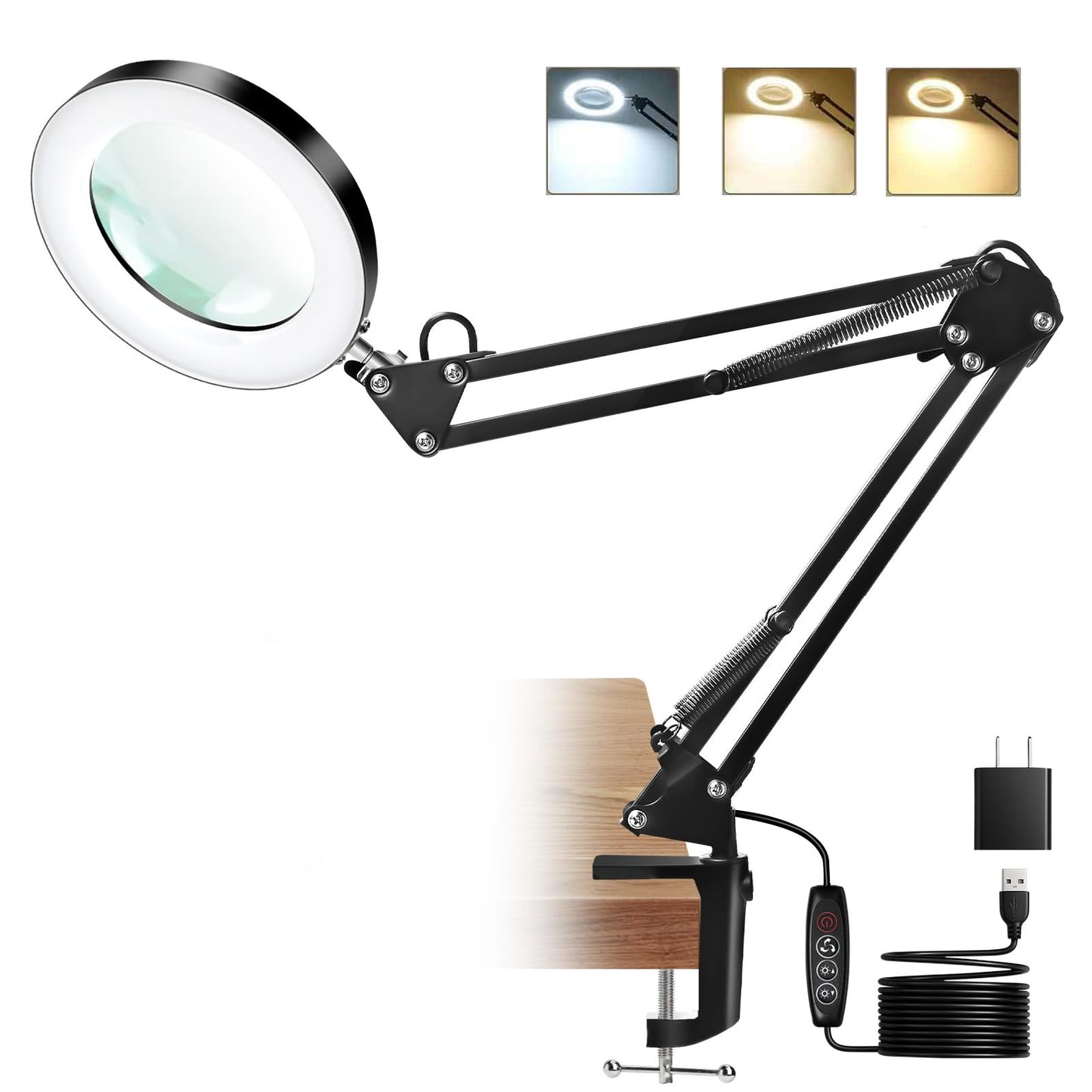 qlying 10X Magnifying Glass with Light and Clamp, Real Glass Lens Magnifier Lamp with 3 Color Modes & 270° LED Light, Dimmable Hands-Free Desk Clamp Lamp for Crafts, Reading, Painting, Repairing