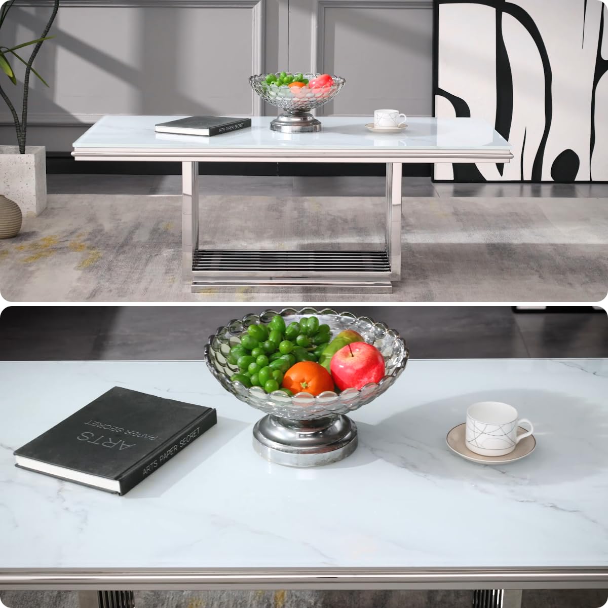 AUZ Silver Coffee Table, 50" White Glass Coffee Table for Living Room, Modern Rectangular Center Table with Gorgeous Mirrored Stainless Steel Base