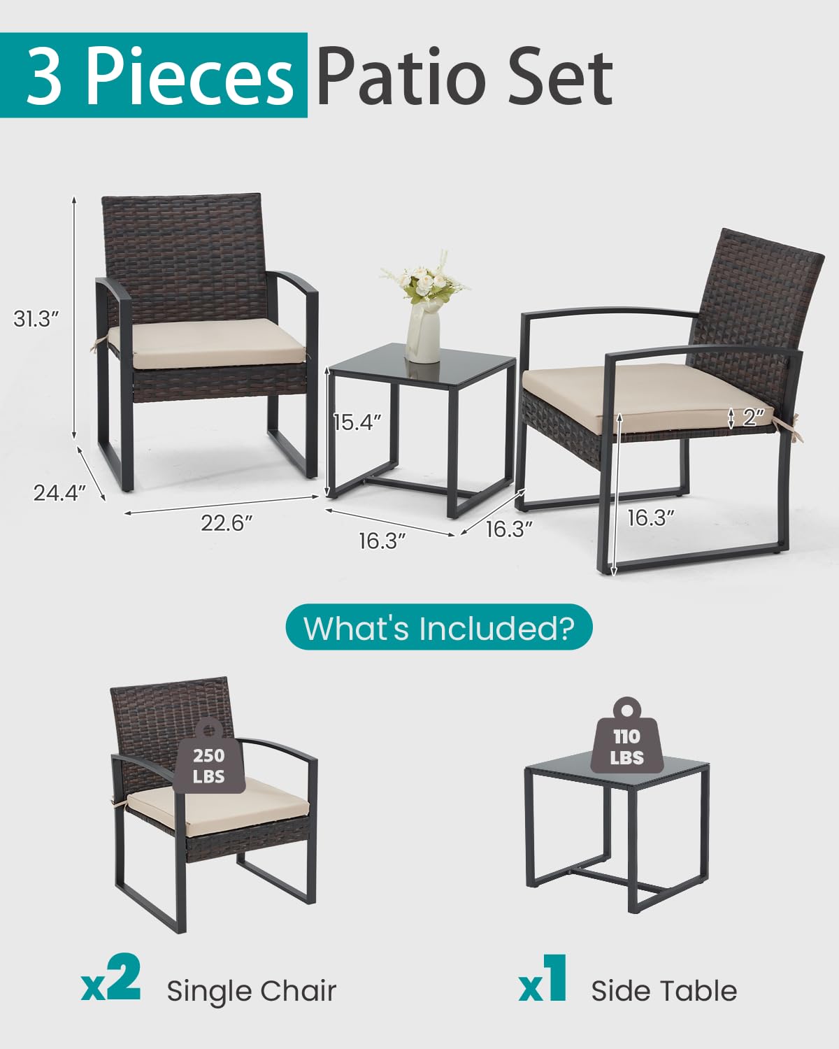 Bezseller 3 Pieces Patio Furniture Set, Outdoor Rattan Bistro Set with Coffee Table, Durable Steel Frame with Strapped Cushions for Garden, Balcony, Poolside, Backyard