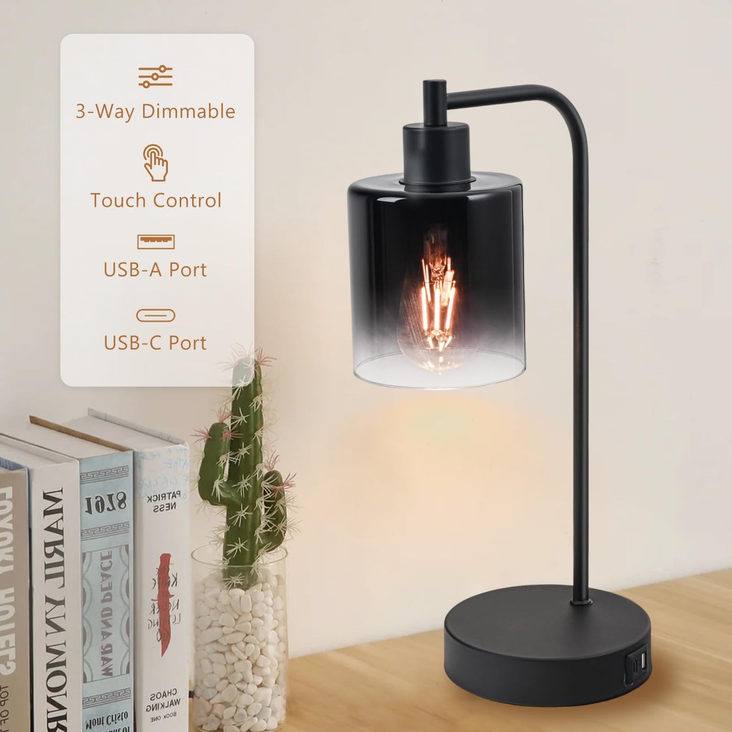 Modern Table Lamps for Bedroom Set of 2 with USB Ports, 3 Way Dimmable Touch Lamp for Night Stands, Industrial bedside lamp with charging station, Black Small Nightstand Lamp for Living Room End Table