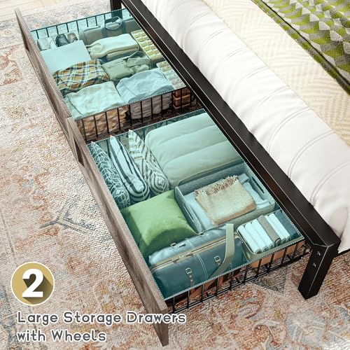 Homkdom King Bed Frame with 2 Storage Drawers and LED Lights, King Size Bed Frame and Headboard Built in Charging Station,Noise-Free,Easy Assembly, Grey