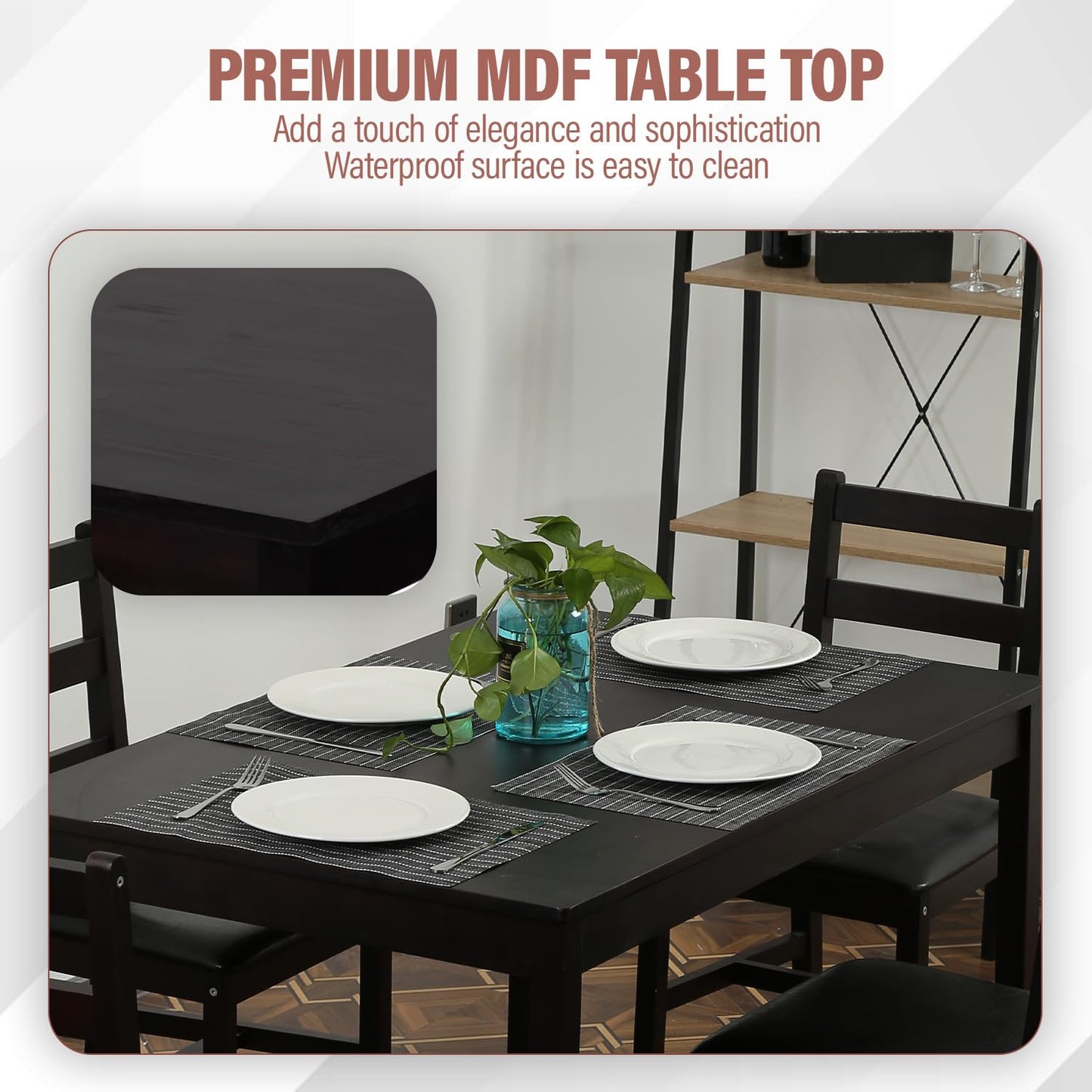 MGHH 5 Pieces Kitchen Dining Room Set Dining Kitchen Table and Chairs Mid Century Style Wood Dinette Table Set for Home Family Dining Area Dark Brown