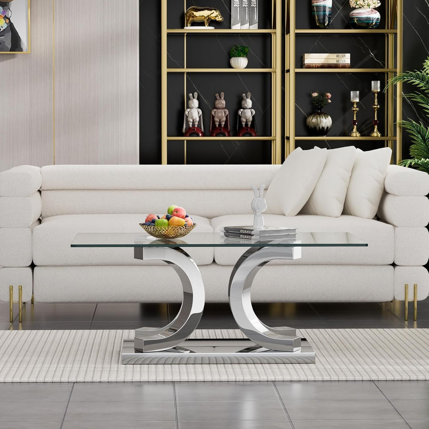 Glass Coffee Table with Silver C-Shaped Stainless Steel Base, Modern 47" Rectangular Center Table Clear Glass Top Accent Cocktail Tea Table for Living Room Bedroom Home Office