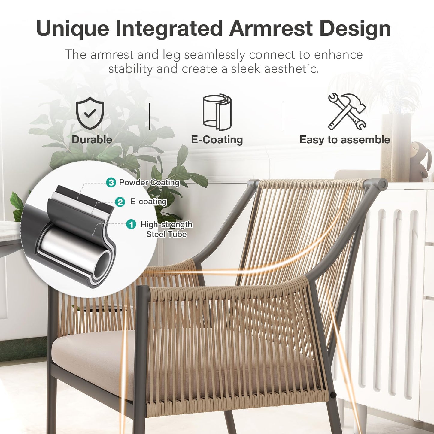 Patiorama Outdoor Dining Chairs Set of 4, Woven Rope Patio Dining Chairs, All-Weather Embossed Wicker Rattan Chairs, Outdoor Patio Chairs with Cushion & Integrated Armrest for Backyard, Light Beige