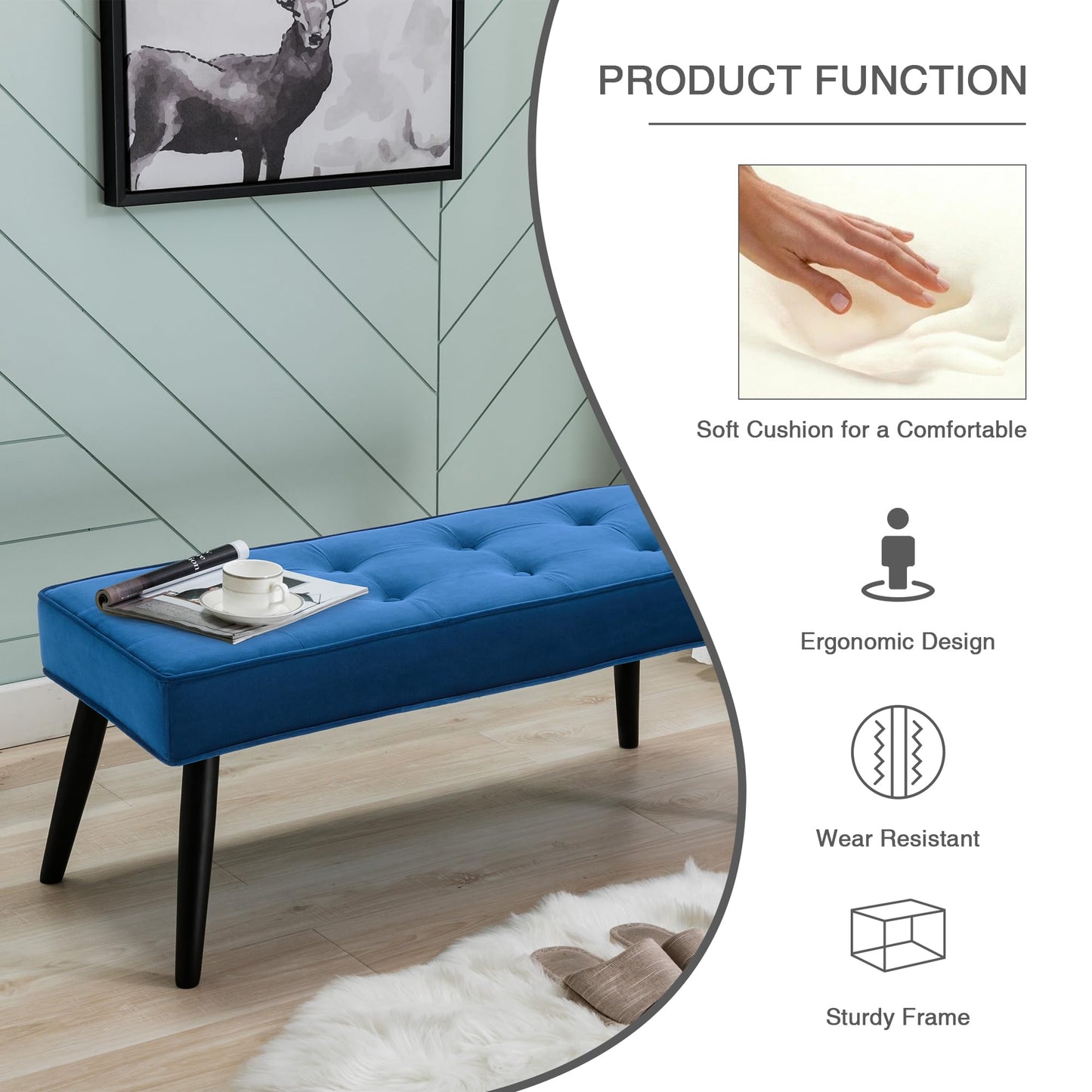 LOULENS 40'' Velvet Tufted Ottoman Bench, Modern Upholstered End of Bed Bench, Comfortable Entryway Bench with Wood Legs, Accent Footrest for Living Room, Dark Blue