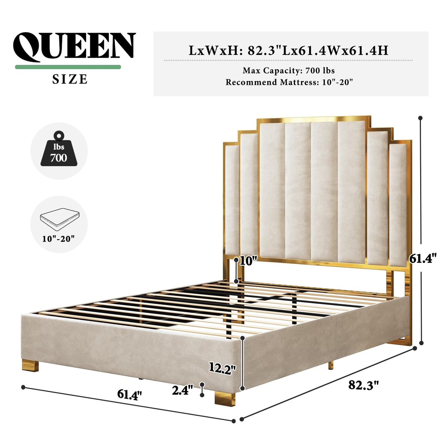 AMERLIFE Queen Size Upholstered Bed, Modern Velvet Bed Frame with 61.4” Tall Gold Trim Headboard, No Box Spring Needed, Cream