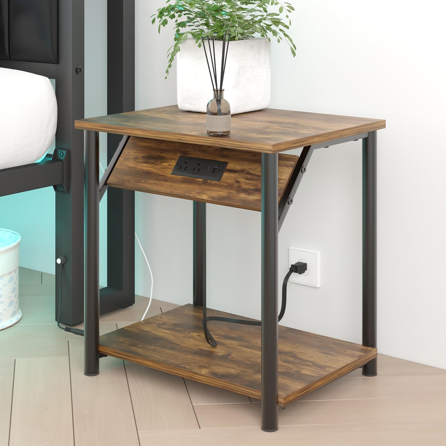 Nightstands Set of 2, Small End Tables with Charging Station, Modern Night Stands, Narrow Side Tables for Small Space, Bedside Tables with 2-Tier Storage Shelf for Living Room, Bedroom, Rustic Brown