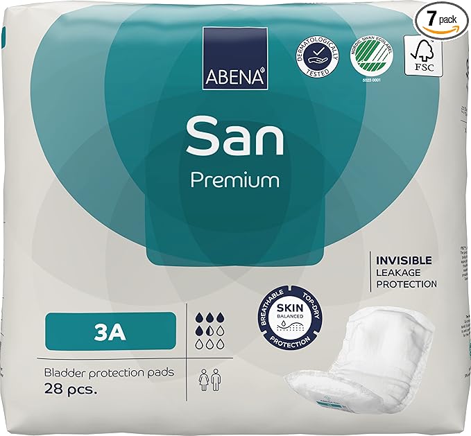 Abena San Premium Incontinence Pads, Light Absorbency, (Sizes 1 to 3A), Size 3A, (Pack of 7, 196 Count Total)
