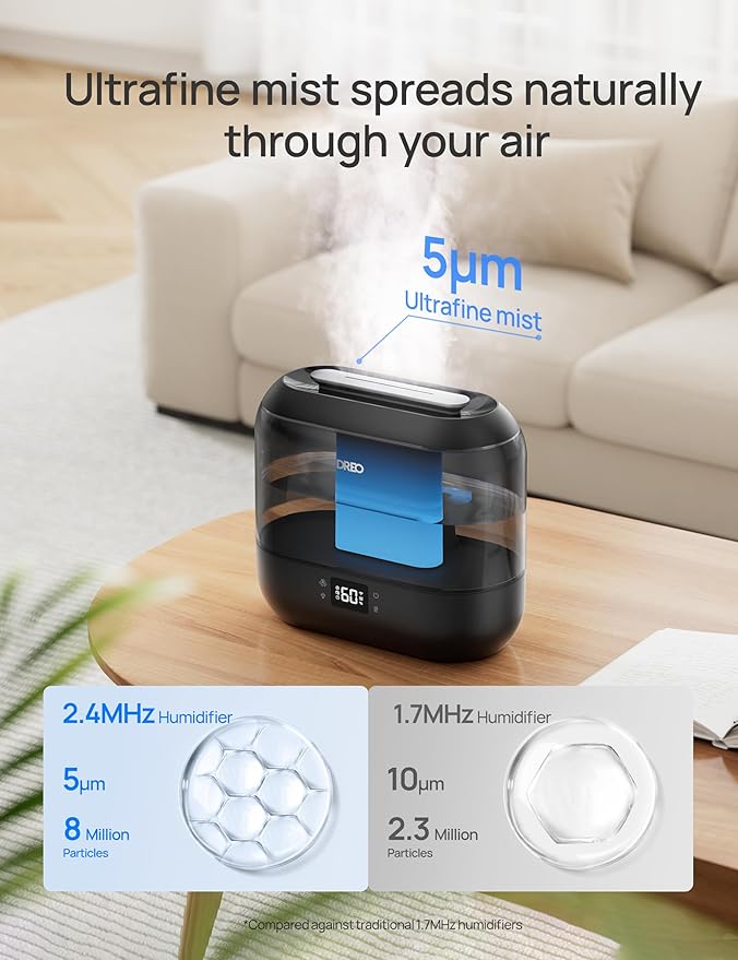 Dreo Humidifiers for Bedroom, Top Fill 4L Smart Cool Mist Humidifier with Oil Diffuser, Cartridge, Nightlight, 32H Runtime, Quiet Ultrasonic Humidifiers for Home, Baby Nursery, Plants, Office, HM311S