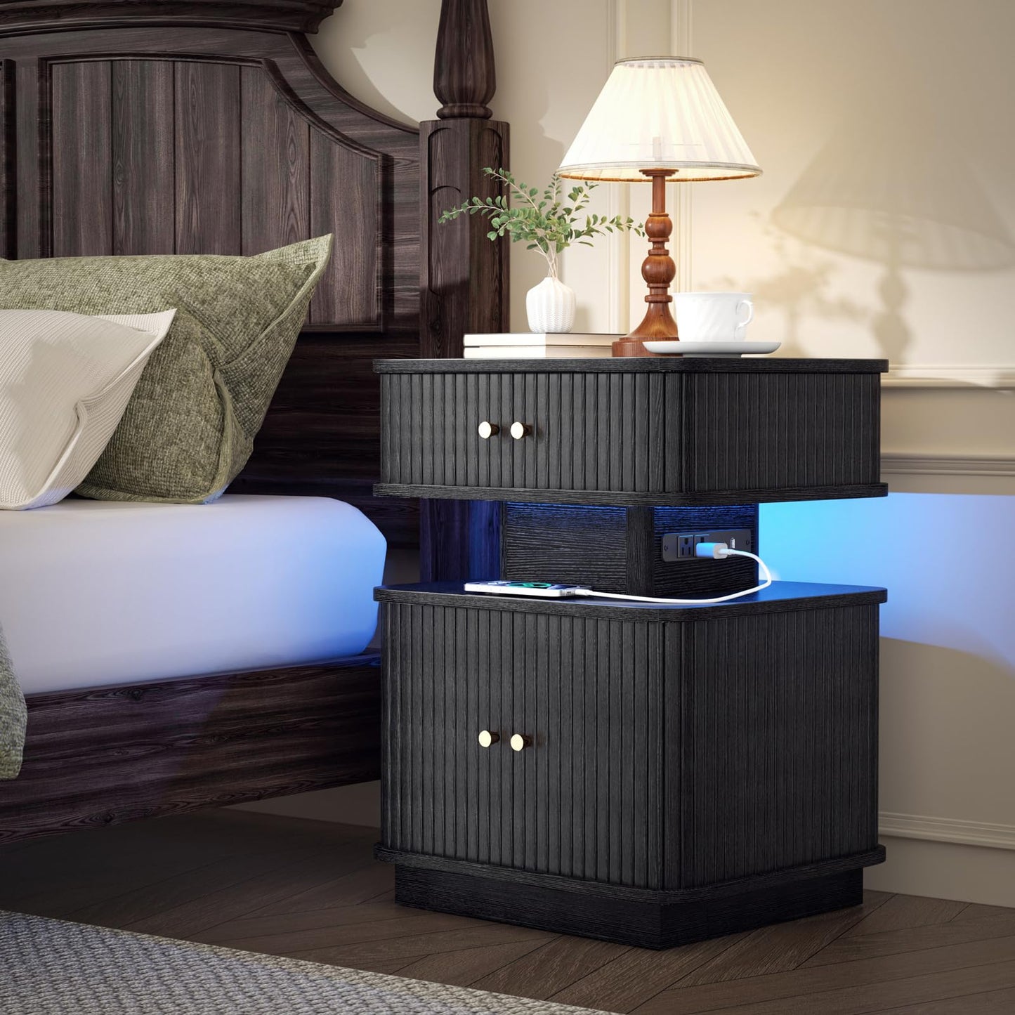 Night Stand, LED Nightstand, Bedroom Night Stand with Charging Station, 2 Drawer Nightstand, Modern Nightstands with Curvy Edge and Sliding Door, Small Bedside Table for Bedroom, Black